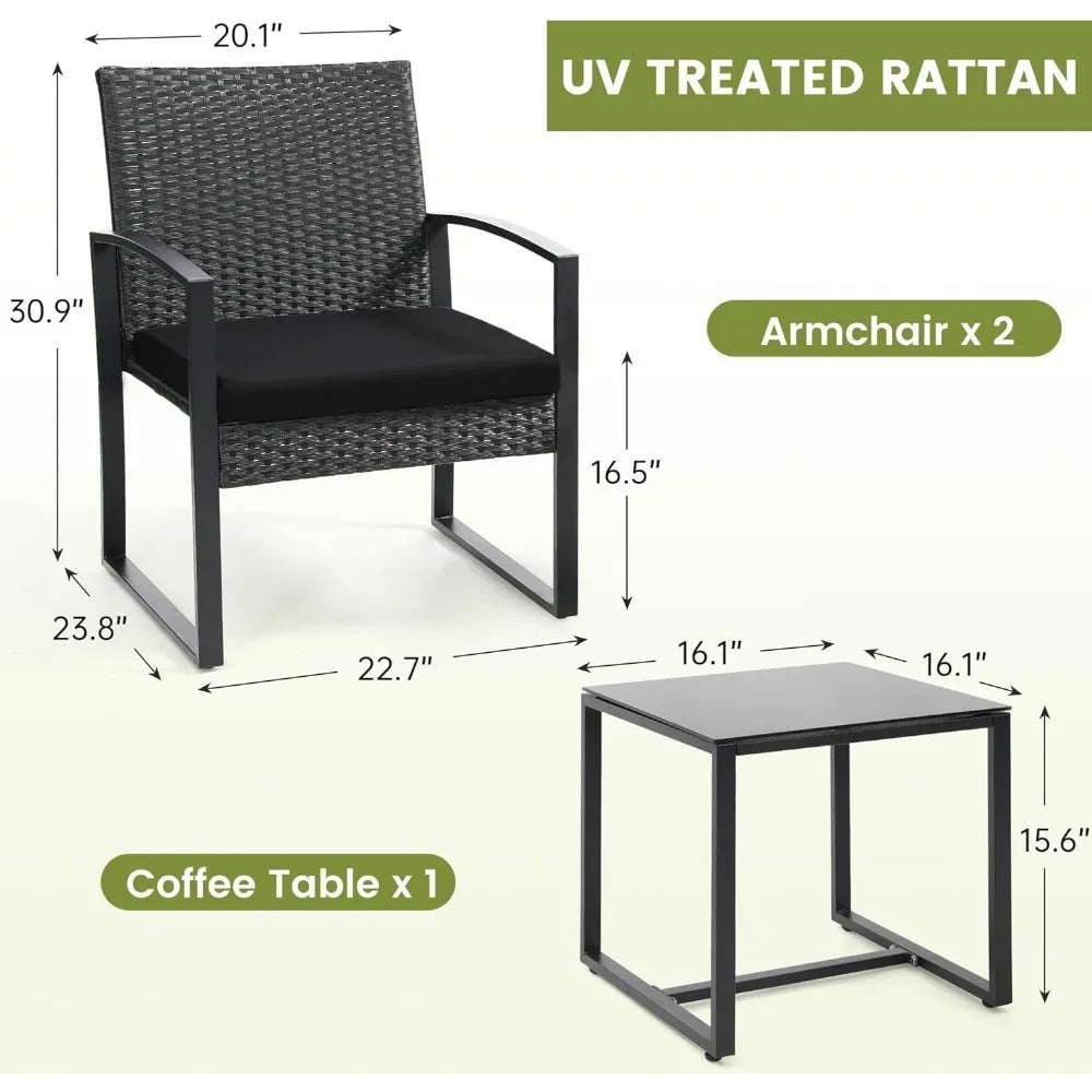 3 Piece Wicker Patio Bistro Set with Coffee Table Rattan Conversation Furniture for Balcony Garden Poolside Porch Yard Black