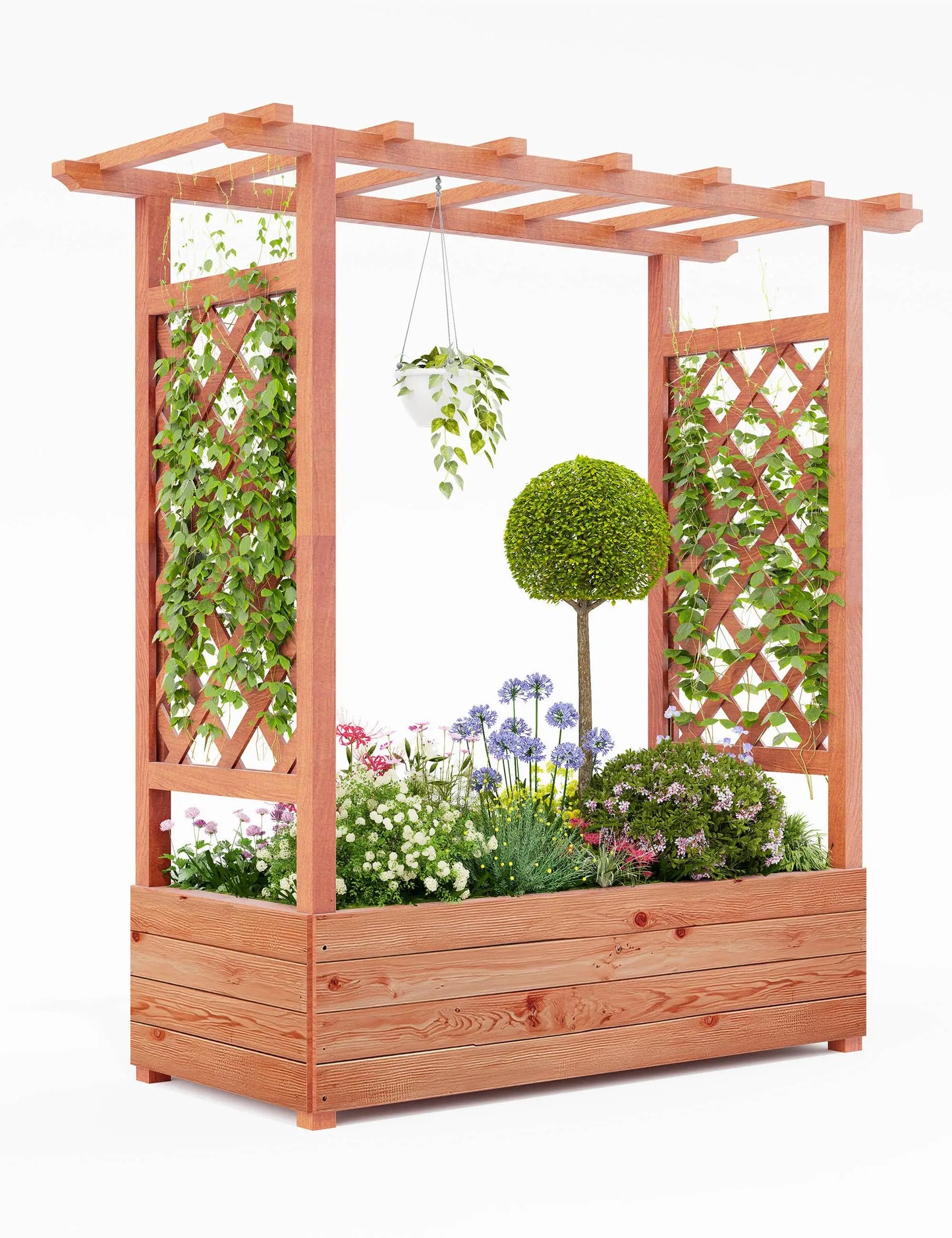 Elevated Wooden Raised Garden Bed with Trellis/Canopy/Drainage Hole Freestanding Planter Box for Climbing Plants Vines Blossoms