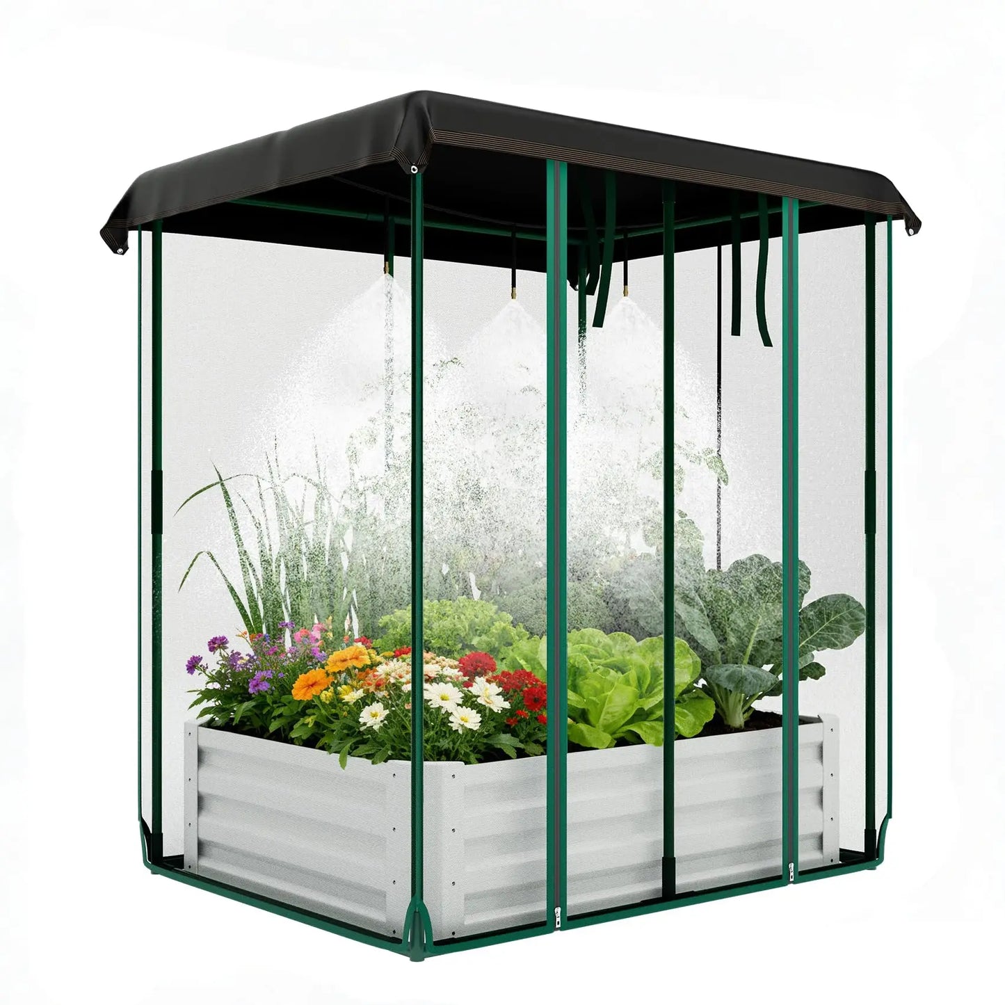 3-in-1 Raised Garden Bed 48"x36"x12" Galvanized Metal Planter Box Drip Irrigation Insect Net Shade Cloth Outdoor Vegetables