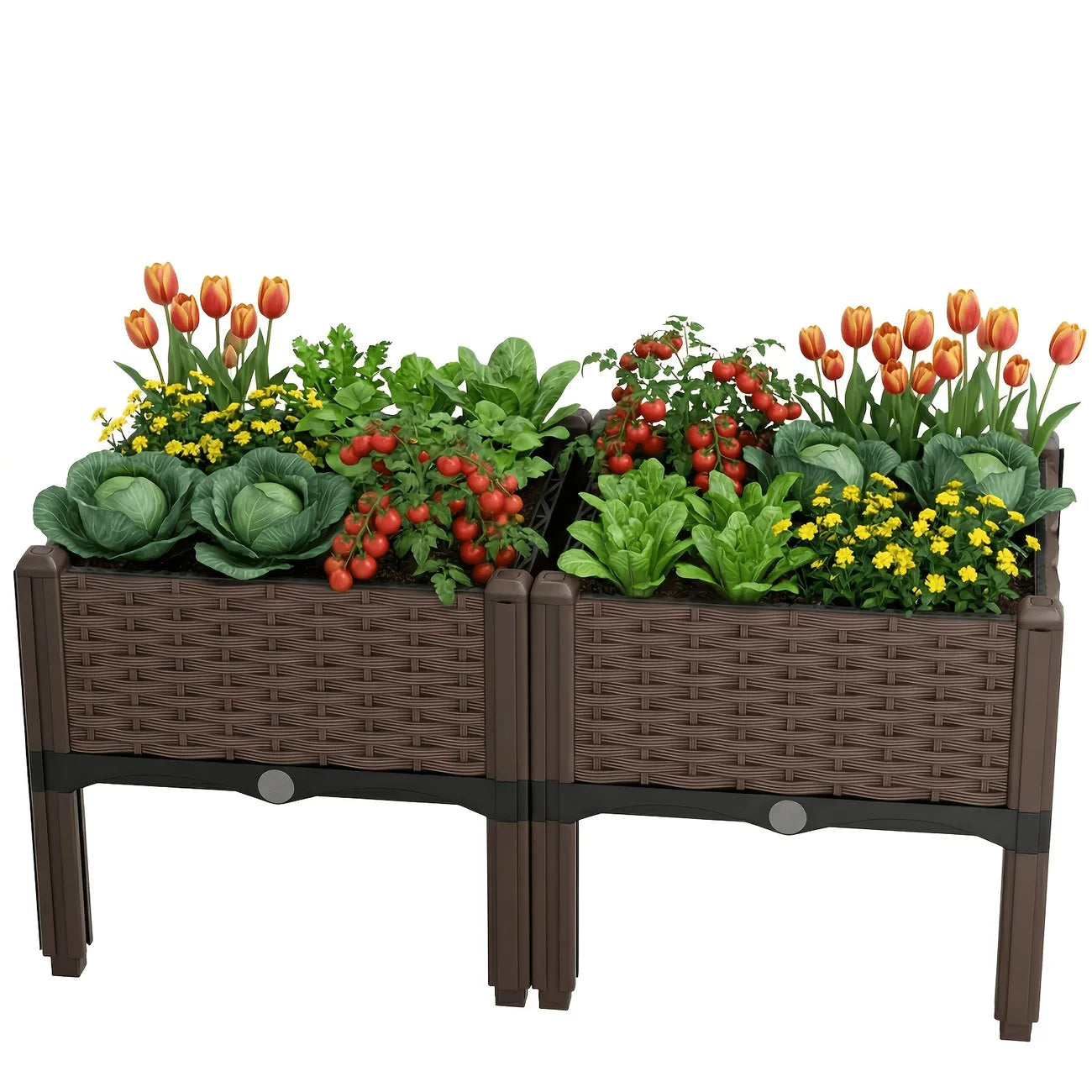 Garden Raised Bed, Elevated Flower Plant Box with Self-Watering Device and Drainage Holes, Herb Vegetable Planter Container for Yard, Balcony & Patio (2 Sets, Brown)