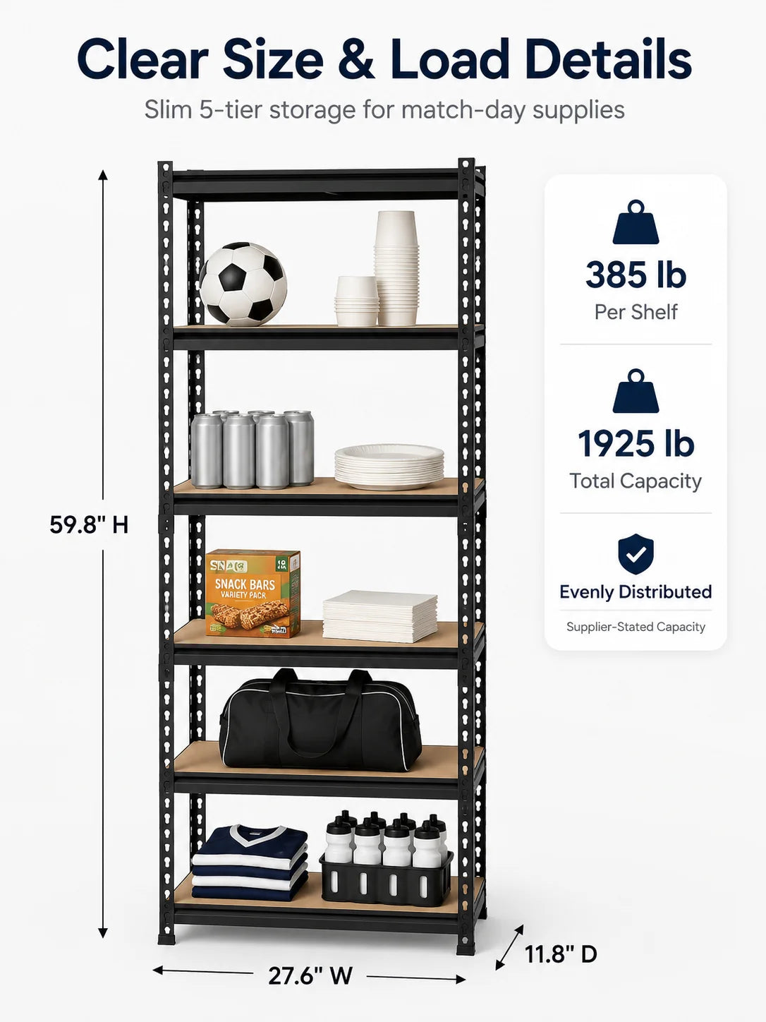 5-Tier Garage Storage Shelving Unit, 1925 Lb Total Capacity Metal Rack with MDF Shelves and Assembly Hardware for Garage Pantry Laundry Room, Black, 28' W X 12' D X 60' H