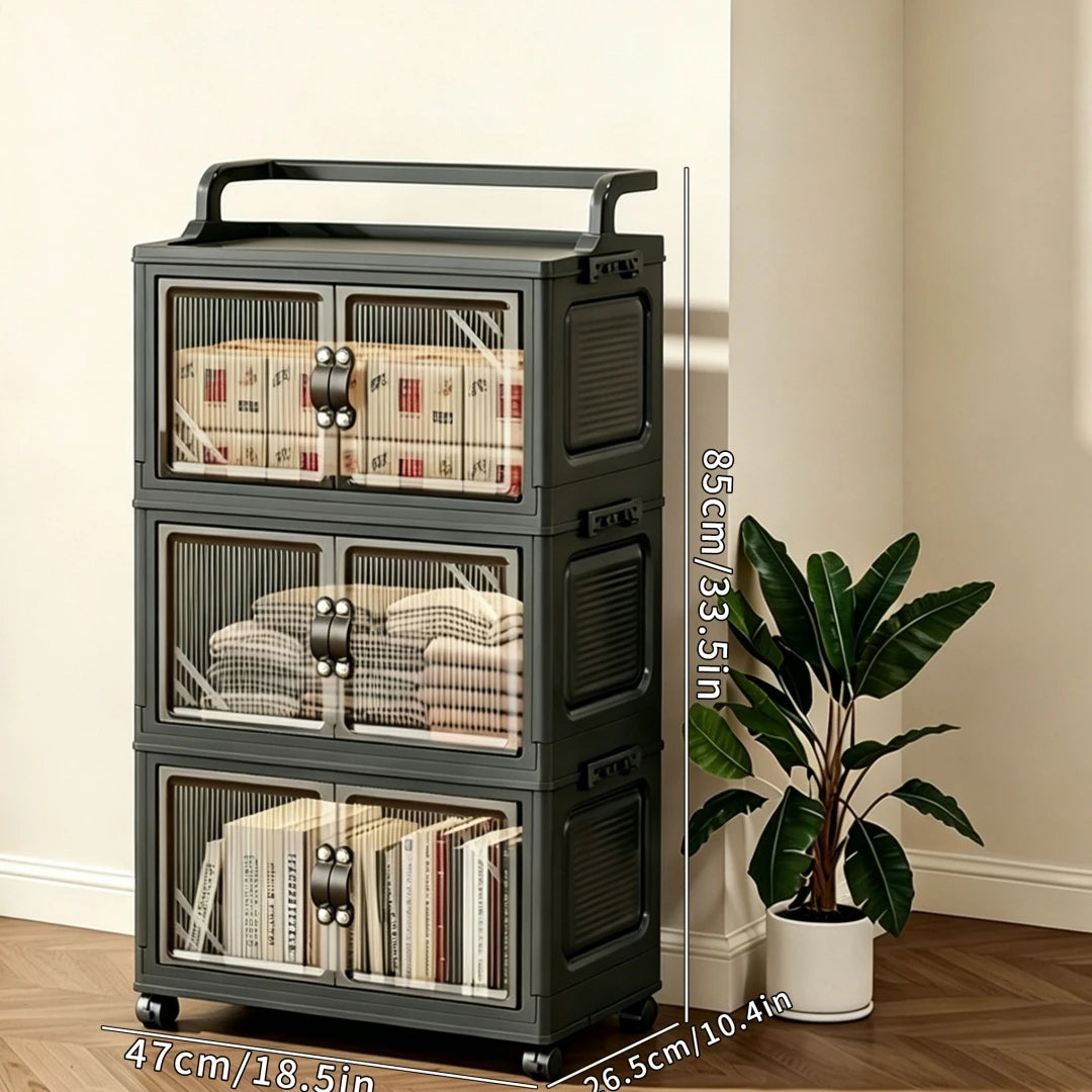 Multi-Layer Foldable Plastic Storage Cabinet, No Assembly Needed, Can Be Freely Stacked, Rolling Storage Organizer Box with Corrugated Transparent Double Doors and Top Handle, Visible Foldable Storage Box with Swivel Wheels,