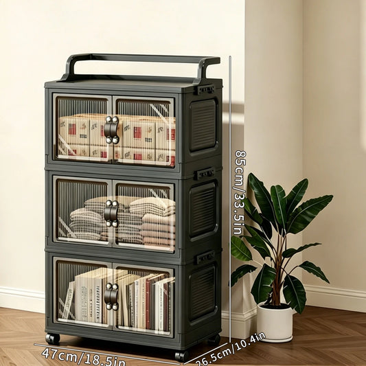 Multi-Layer Foldable Plastic Storage Cabinet, No Assembly Needed, Can Be Freely Stacked, Rolling Storage Organizer Box with Corrugated Transparent Double Doors and Top Handle, Visible Foldable Storage Box with Swivel Wheels,