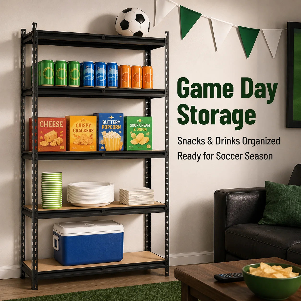 5-Tier Garage Storage Shelving Unit, 1925 Lb Total Capacity Metal Rack with MDF Shelves and Assembly Hardware for Garage Pantry Laundry Room, Black, 28' W X 12' D X 60' H