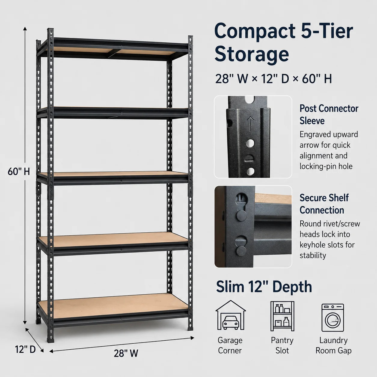 5-Tier Garage Storage Shelving Unit, 1925 Lb Total Capacity Metal Rack with MDF Shelves and Assembly Hardware for Garage Pantry Laundry Room, Black, 28' W X 12' D X 60' H