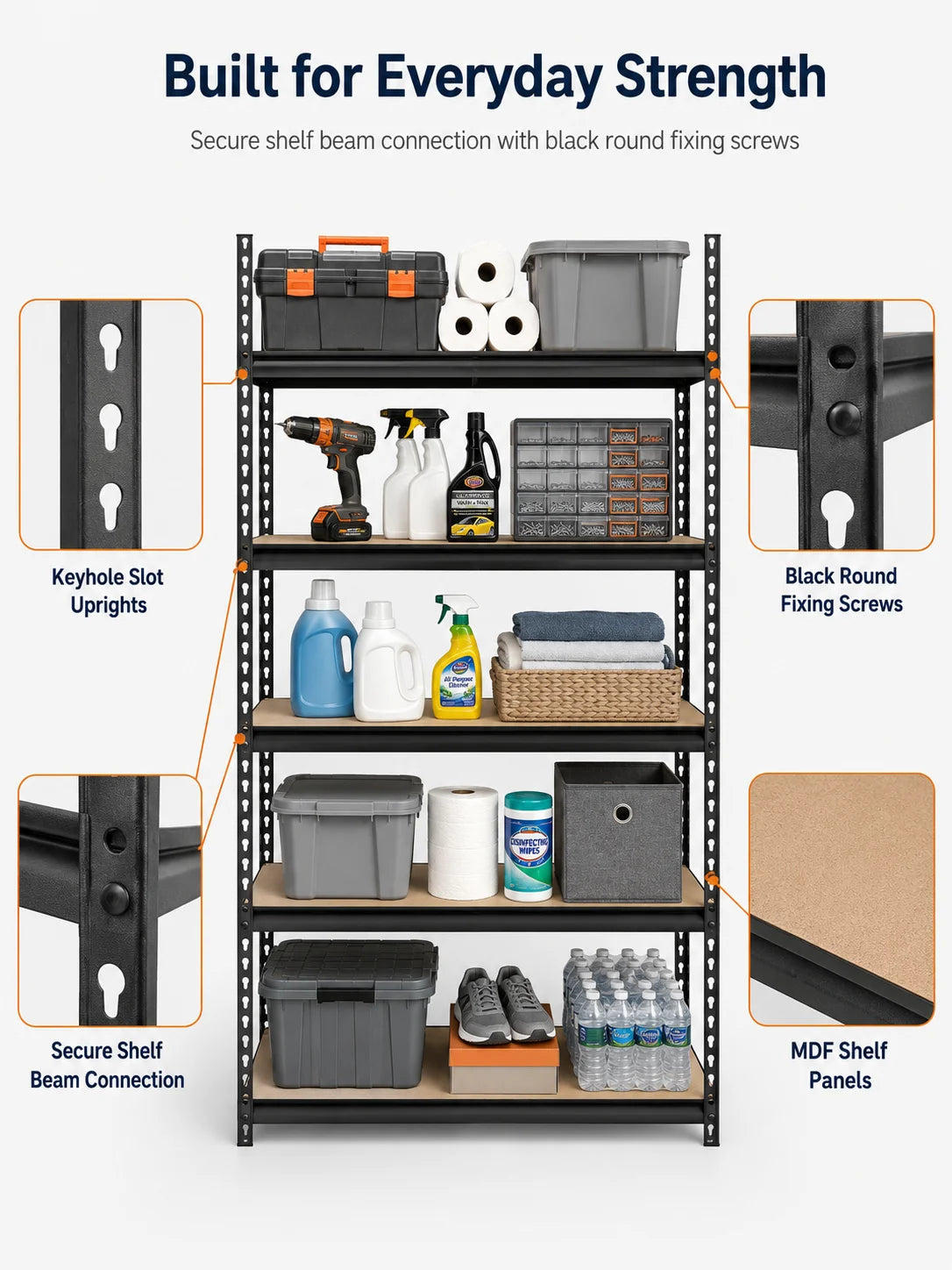 5-Tier Garage Storage Shelving Unit, 1925 Lb Total Capacity Metal Rack with MDF Shelves and Assembly Hardware for Garage Pantry Laundry Room, Black, 28' W X 12' D X 60' H