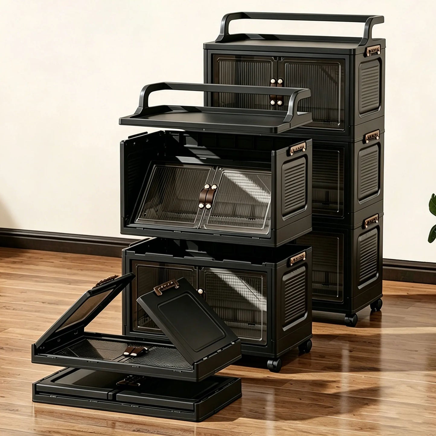 Multi-Layer Foldable Plastic Storage Cabinet, No Assembly Needed, Can Be Freely Stacked, Rolling Storage Organizer Box with Corrugated Transparent Double Doors and Top Handle, Visible Foldable Storage Box with Swivel Wheels,