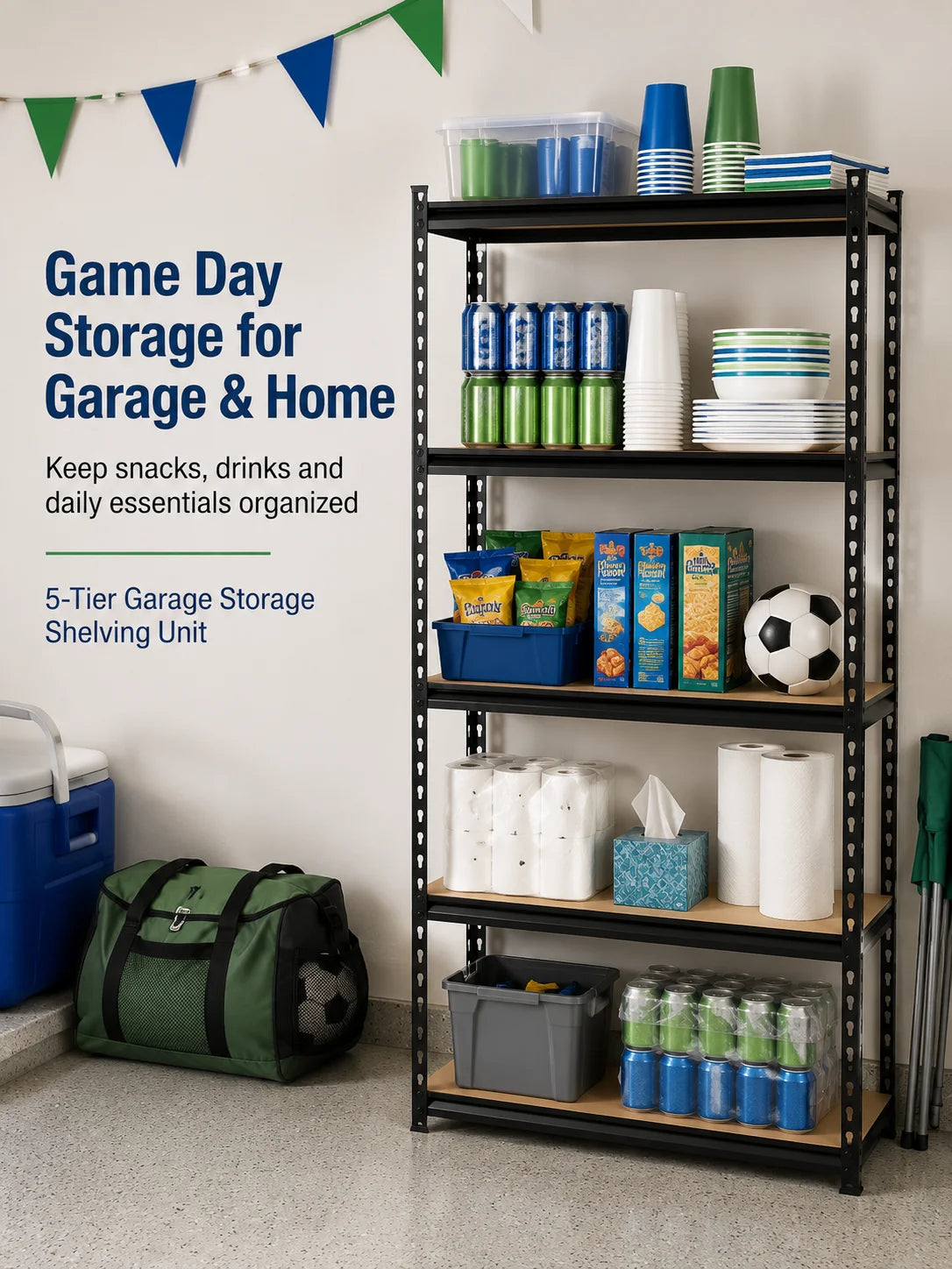 5-Tier Garage Storage Shelving Unit, 1925 Lb Total Capacity Metal Rack with MDF Shelves and Assembly Hardware for Garage Pantry Laundry Room, Black, 28' W X 12' D X 60' H