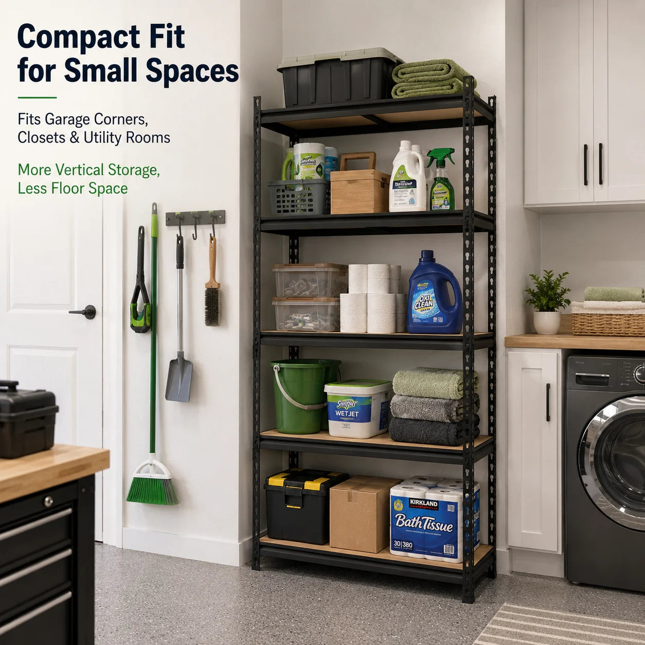 5-Tier Garage Storage Shelving Unit, 1925 Lb Total Capacity Metal Rack with MDF Shelves and Assembly Hardware for Garage Pantry Laundry Room, Black, 28' W X 12' D X 60' H