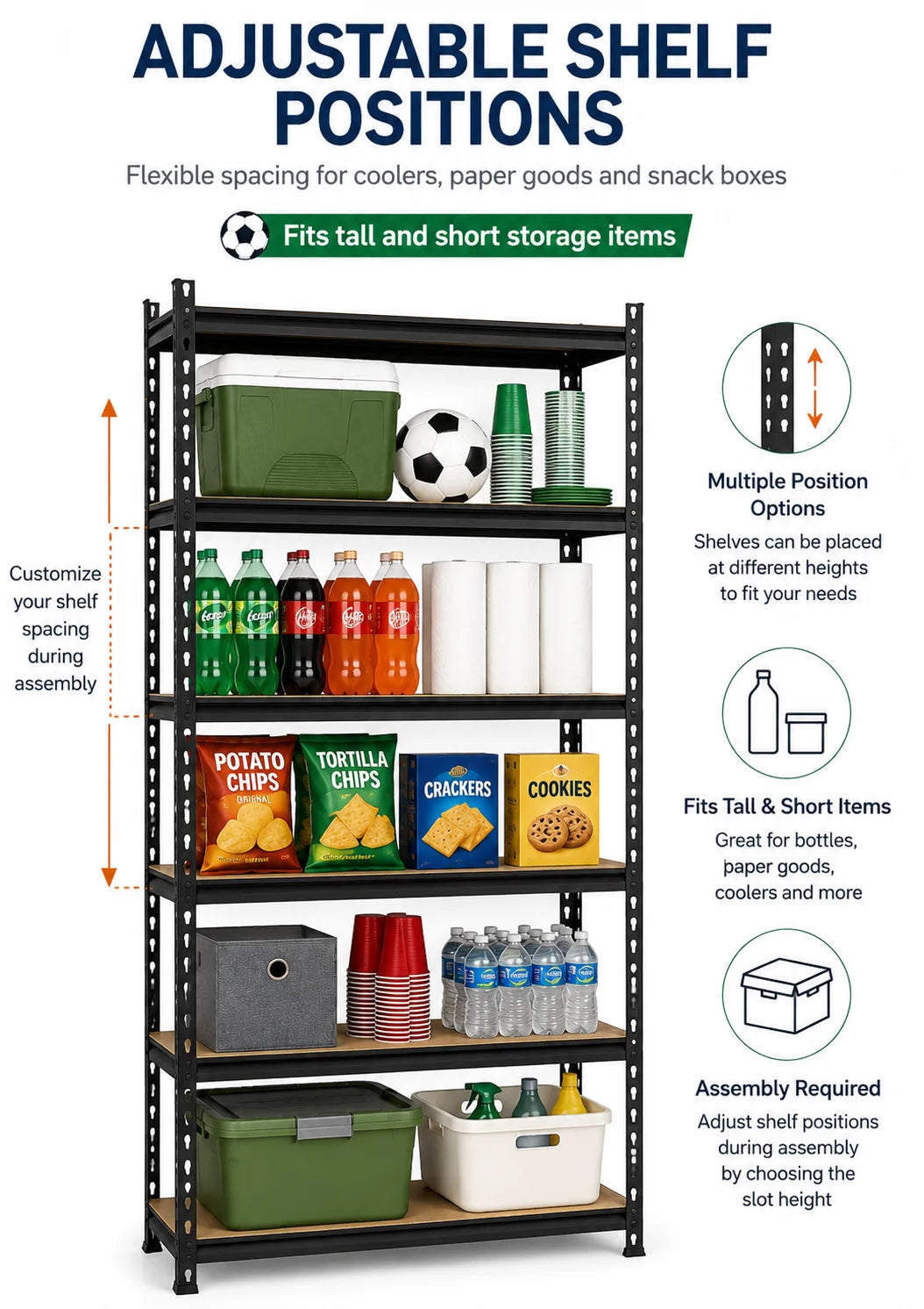 5-Tier Garage Storage Shelving Unit, 1925 Lb Total Capacity Metal Rack with MDF Shelves and Assembly Hardware for Garage Pantry Laundry Room, Black, 28' W X 12' D X 60' H