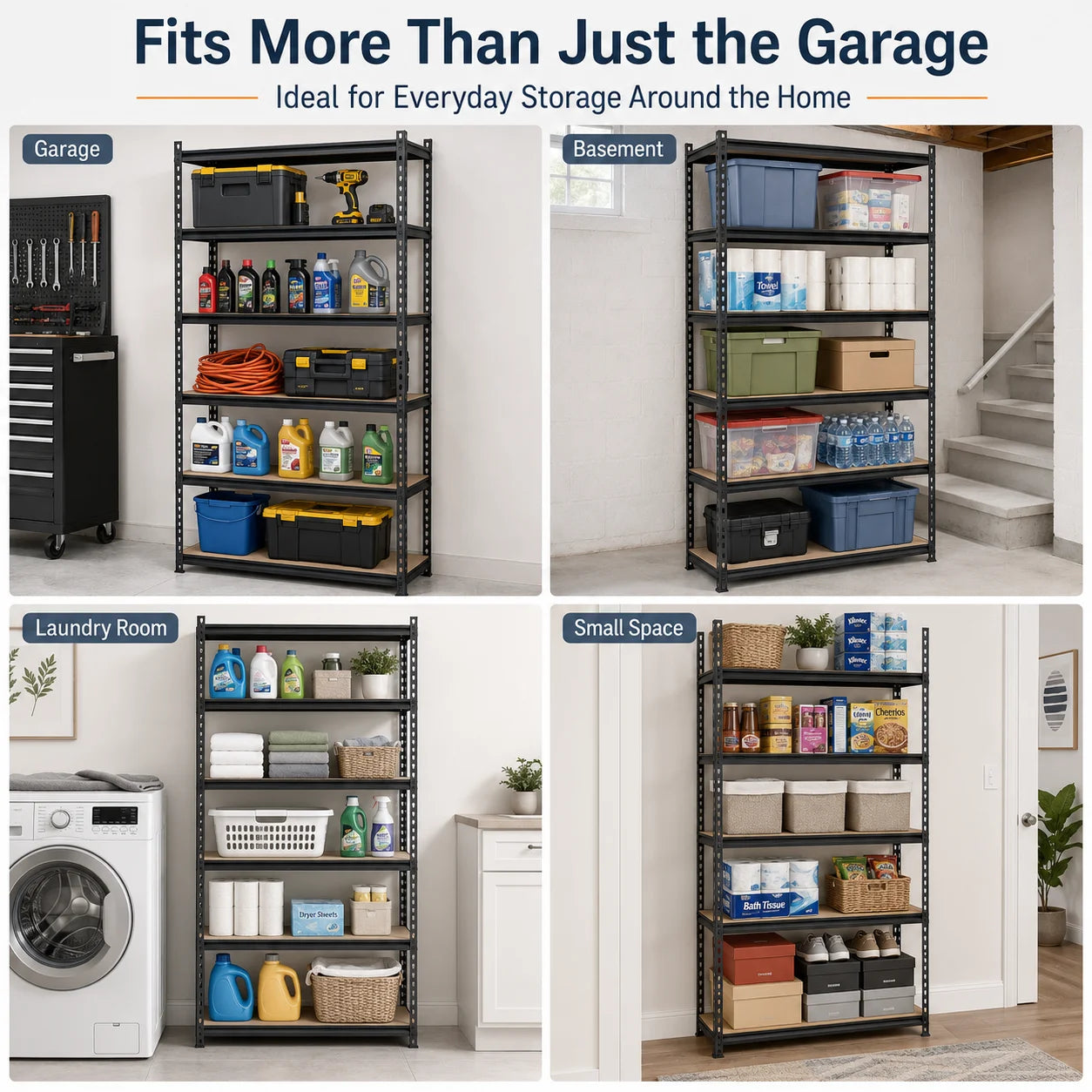 5-Tier Garage Storage Shelving Unit, 1925 Lb Total Capacity Metal Rack with MDF Shelves and Assembly Hardware for Garage Pantry Laundry Room, Black, 28' W X 12' D X 60' H