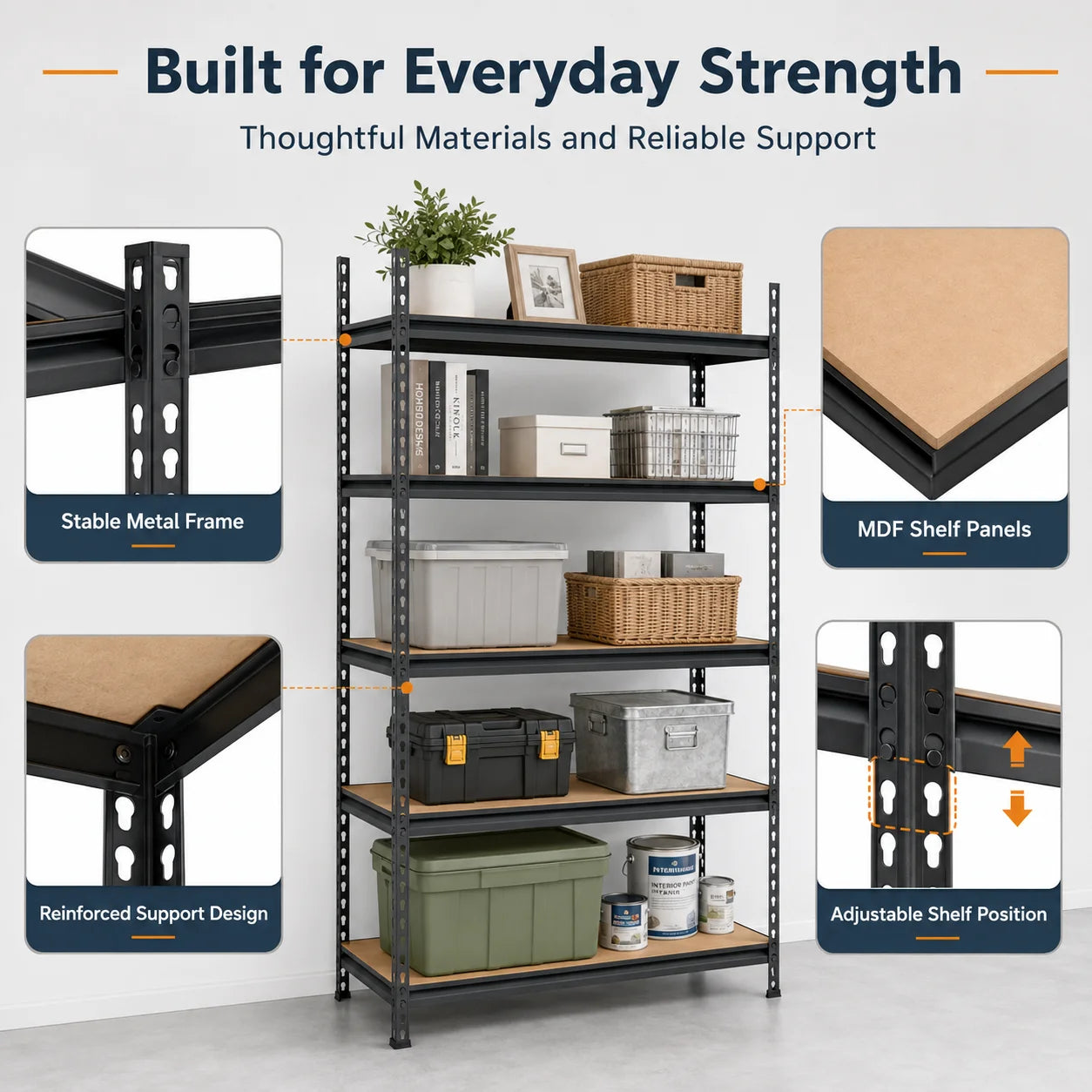 5-Tier Garage Storage Shelving Unit, 1925 Lb Total Capacity Metal Rack with MDF Shelves and Assembly Hardware for Garage Pantry Laundry Room, Black, 28' W X 12' D X 60' H