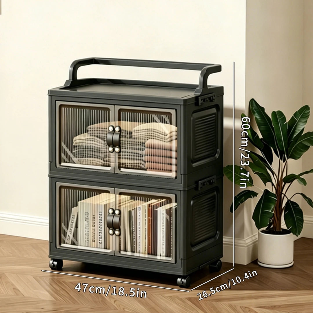 Multi-Layer Foldable Plastic Storage Cabinet, No Assembly Needed, Can Be Freely Stacked, Rolling Storage Organizer Box with Corrugated Transparent Double Doors and Top Handle, Visible Foldable Storage Box with Swivel Wheels,