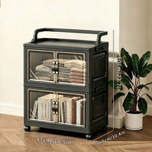 Multi-Layer Foldable Plastic Storage Cabinet, No Assembly Needed, Can Be Freely Stacked, Rolling Storage Organizer Box with Corrugated Transparent Double Doors and Top Handle, Visible Foldable Storage Box with Swivel Wheels,
