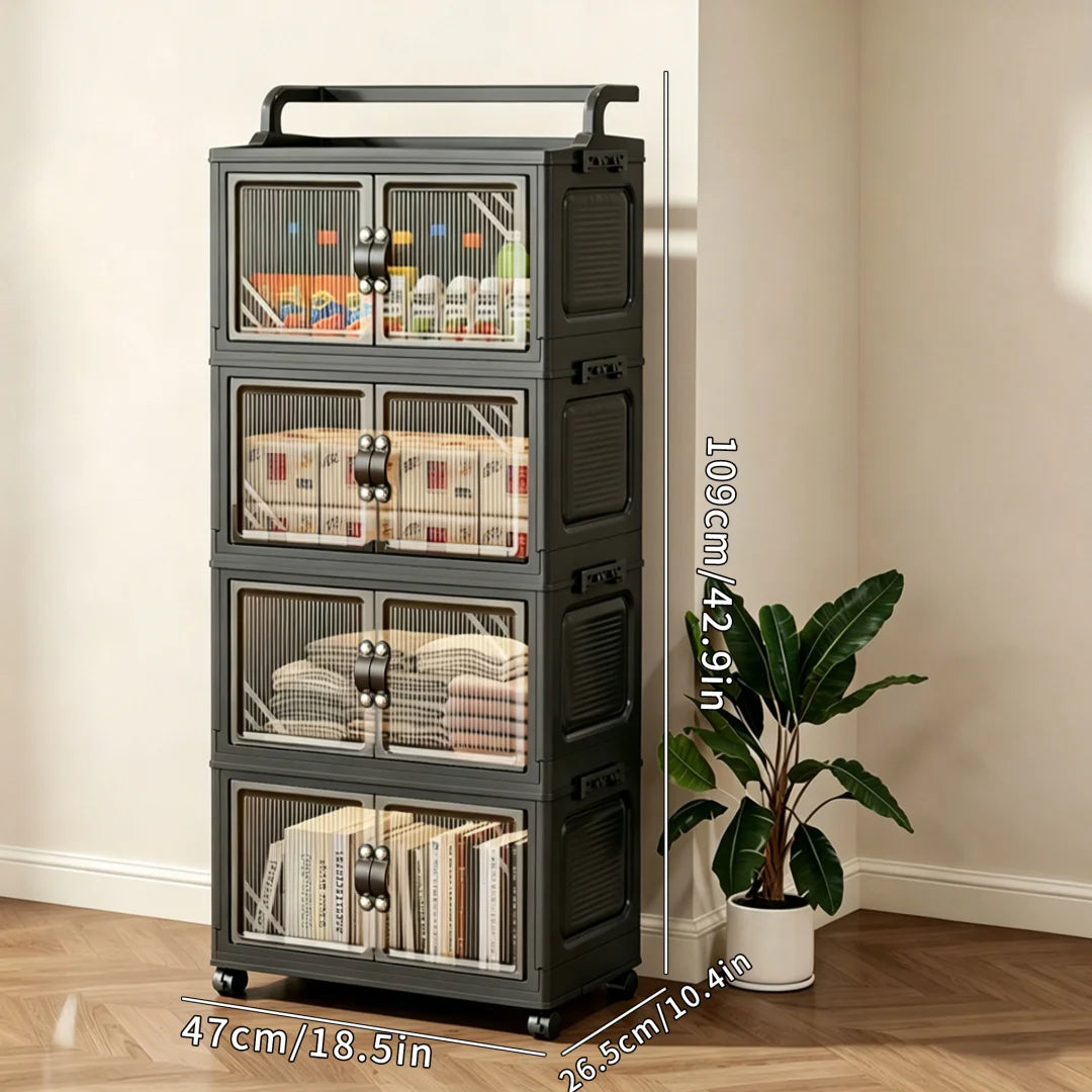 Multi-Layer Foldable Plastic Storage Cabinet, No Assembly Needed, Can Be Freely Stacked, Rolling Storage Organizer Box with Corrugated Transparent Double Doors and Top Handle, Visible Foldable Storage Box with Swivel Wheels,