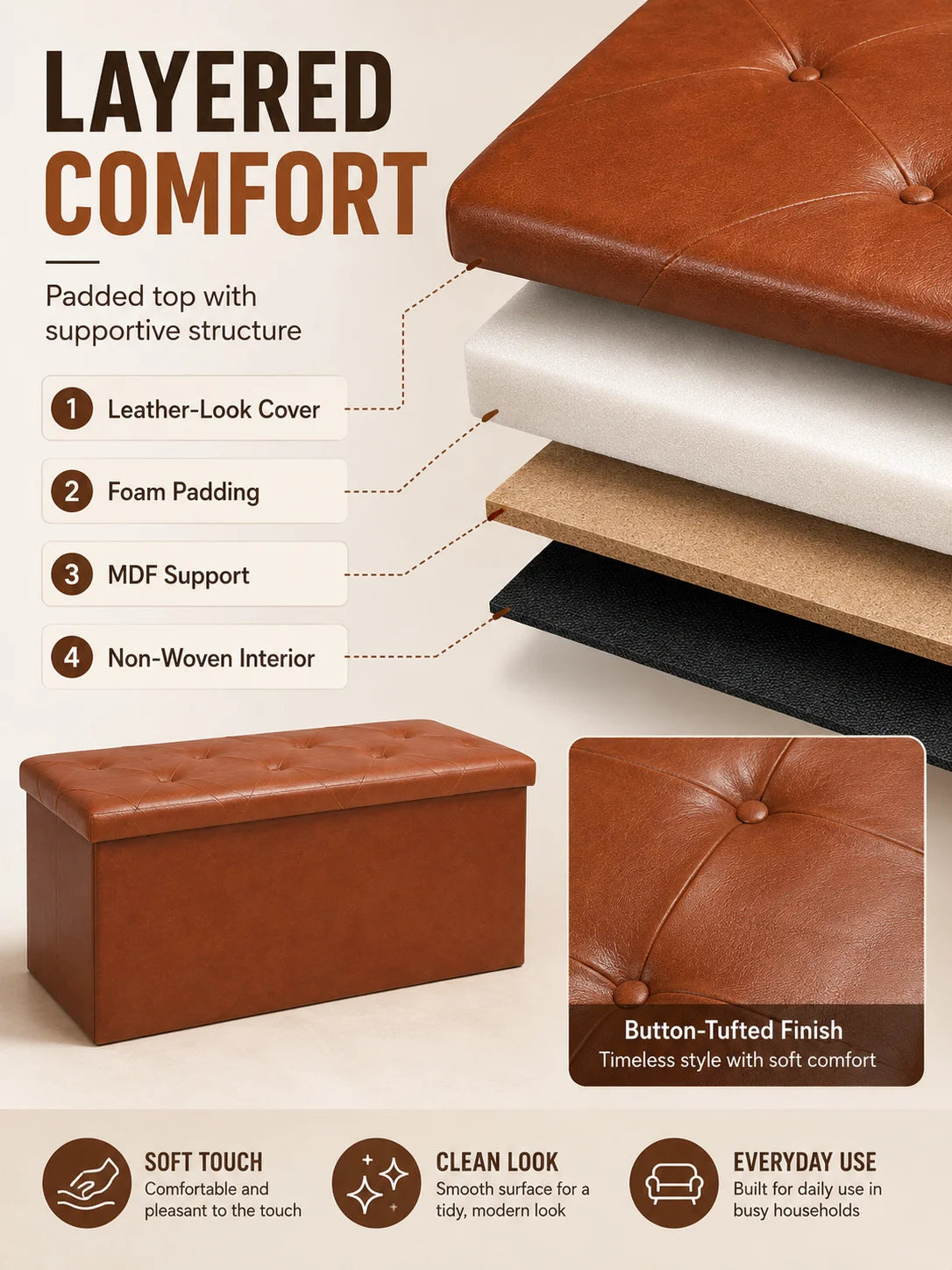 Tufted Faux Leather Storage Bench Folding Footrest Ottoman with 400lbs Weight Capacity, Large Blanket Toy Storage Organizer Chest for Bedroom