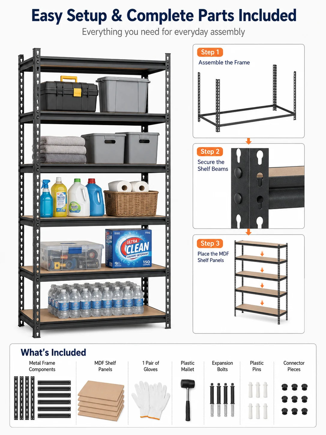 5-Tier Garage Storage Shelving Unit, 1925 Lb Total Capacity Metal Rack with MDF Shelves and Assembly Hardware for Garage Pantry Laundry Room, Black, 28' W X 12' D X 60' H