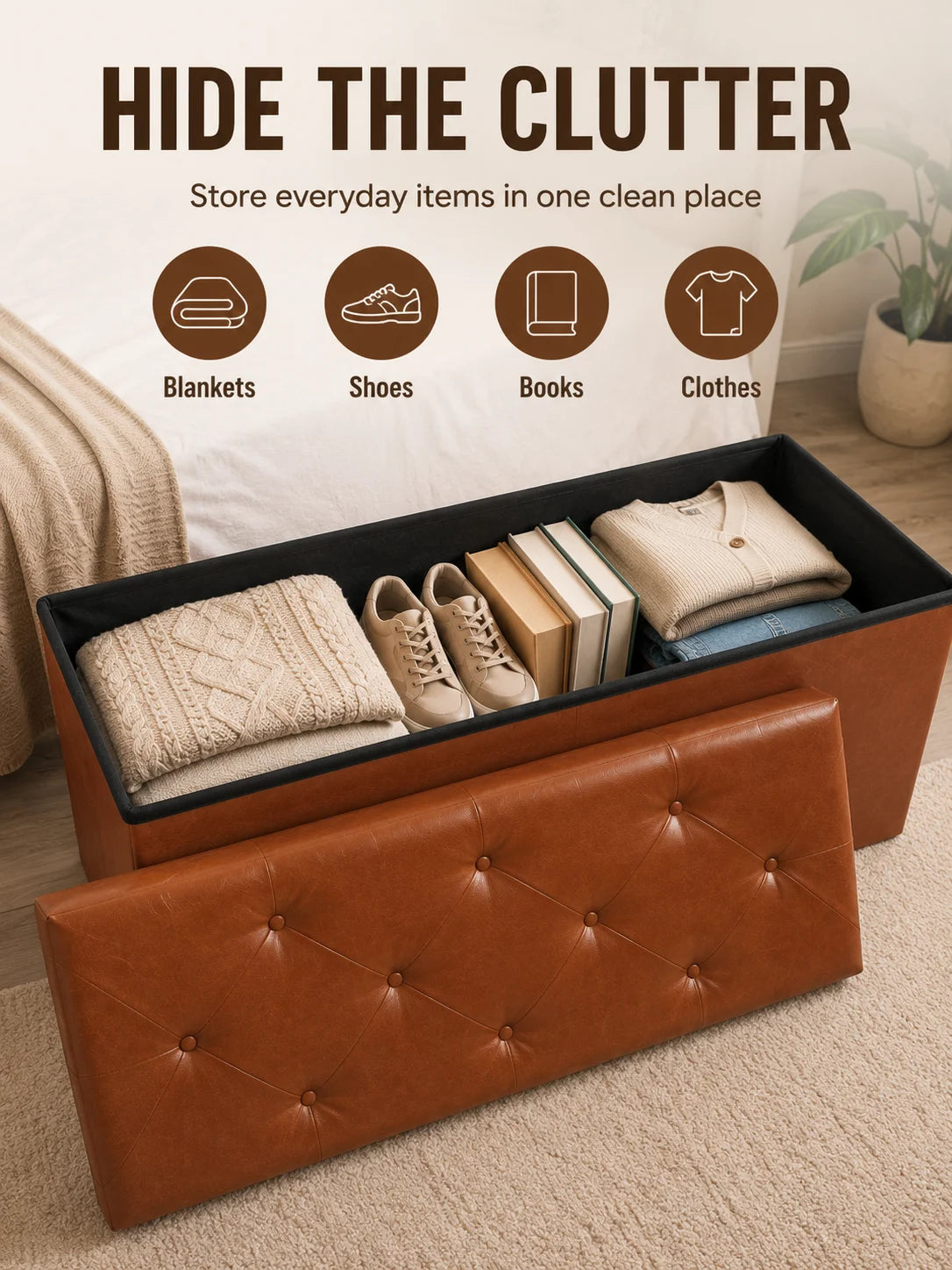 Tufted Faux Leather Storage Bench Folding Footrest Ottoman with 400lbs Weight Capacity, Large Blanket Toy Storage Organizer Chest for Bedroom