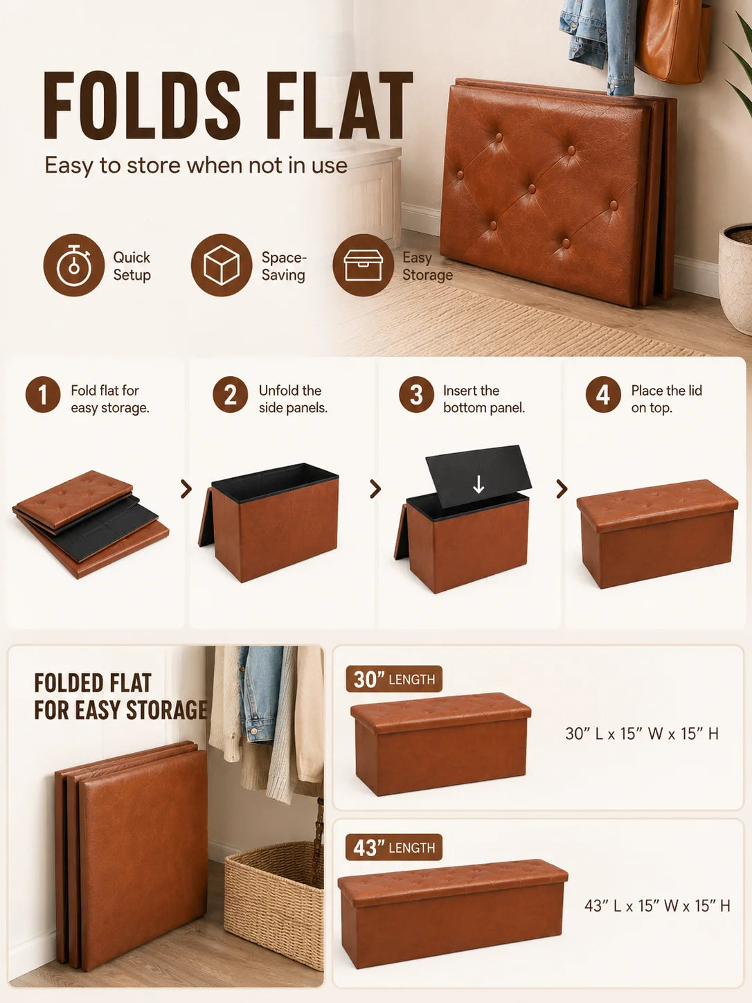 Tufted Faux Leather Storage Bench Folding Footrest Ottoman with 400lbs Weight Capacity, Large Blanket Toy Storage Organizer Chest for Bedroom