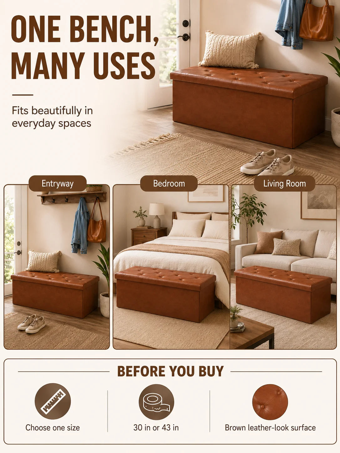 Tufted Faux Leather Storage Bench Folding Footrest Ottoman with 400lbs Weight Capacity, Large Blanket Toy Storage Organizer Chest for Bedroom