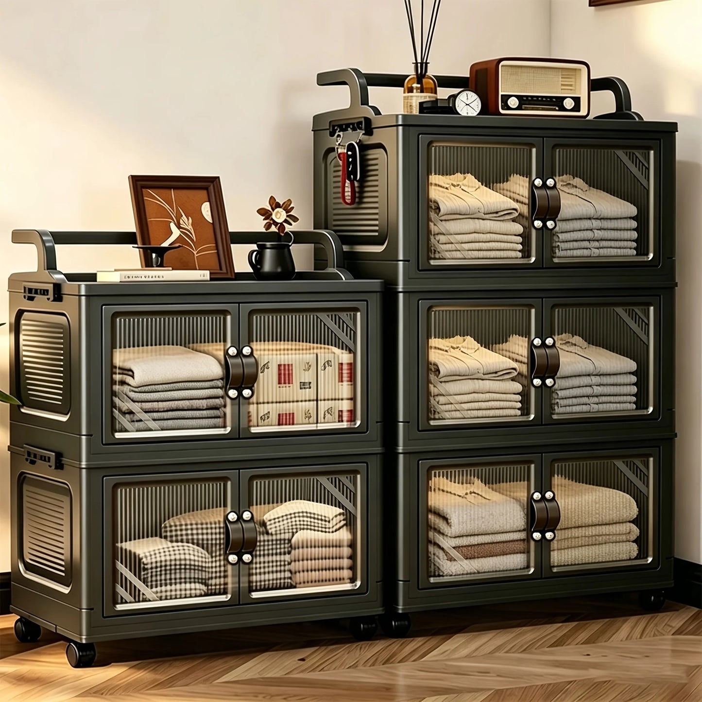 Multi-Layer Foldable Plastic Storage Cabinet, No Assembly Needed, Can Be Freely Stacked, Rolling Storage Organizer Box with Corrugated Transparent Double Doors and Top Handle, Visible Foldable Storage Box with Swivel Wheels,