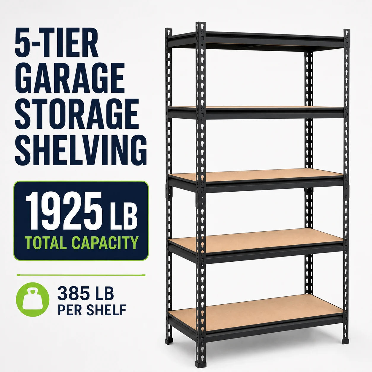 5-Tier Garage Storage Shelving Unit, 1925 Lb Total Capacity Metal Rack with MDF Shelves and Assembly Hardware for Garage Pantry Laundry Room, Black, 28' W X 12' D X 60' H