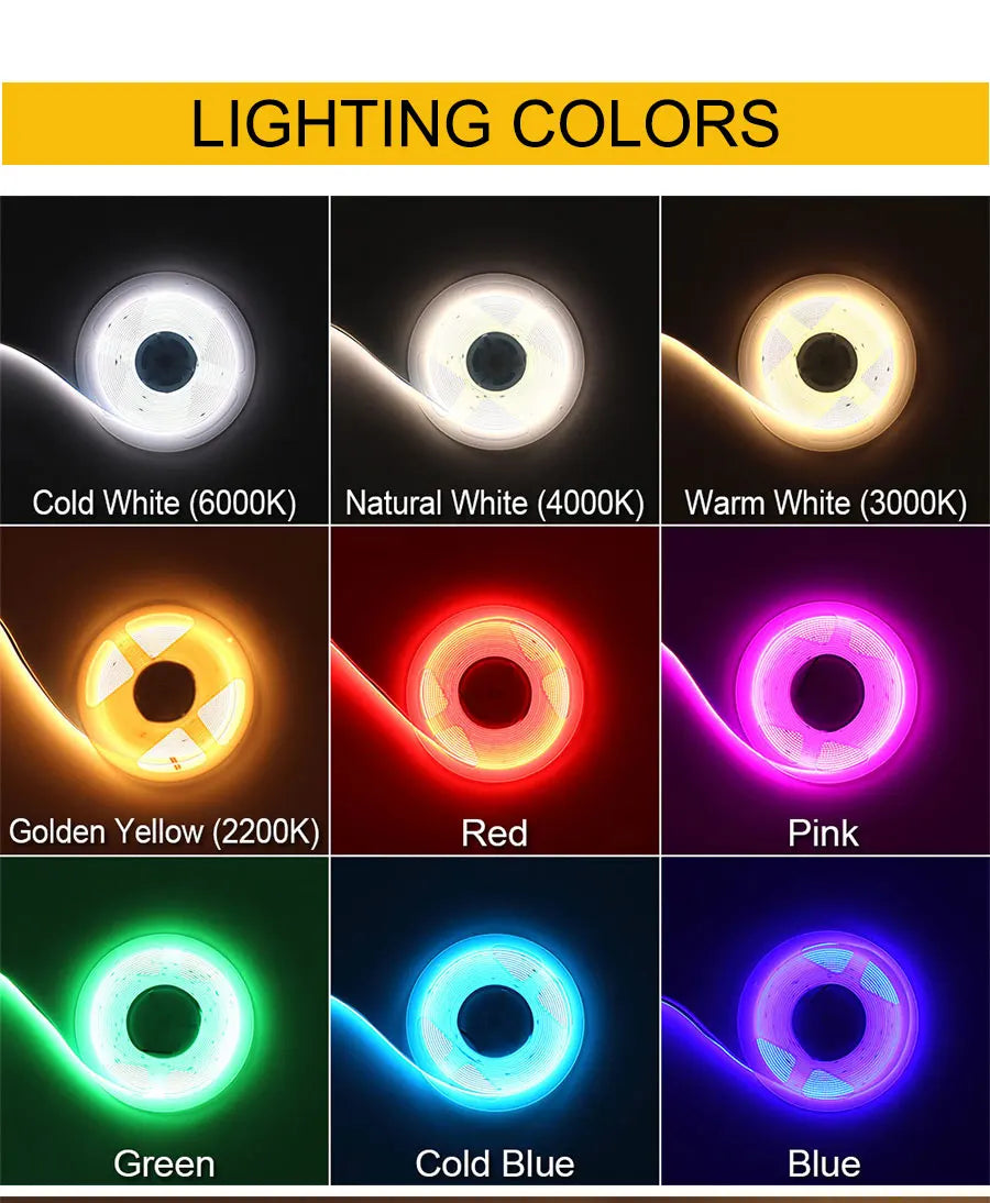 5MM Ultra Thin COB LED Strip Light 24V 12V Warm Natural Cold White Red Blue Green Amber Yellow Color RA90 Flexible LED Tape