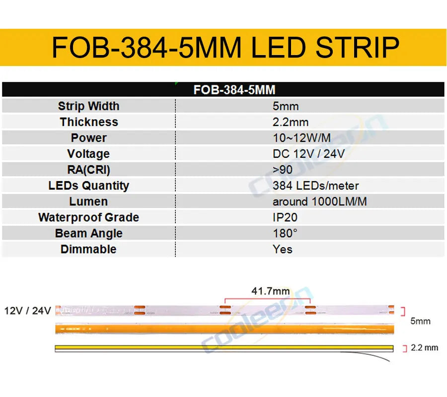 5MM Ultra Thin COB LED Strip Light 24V 12V Warm Natural Cold White Red Blue Green Amber Yellow Color RA90 Flexible LED Tape