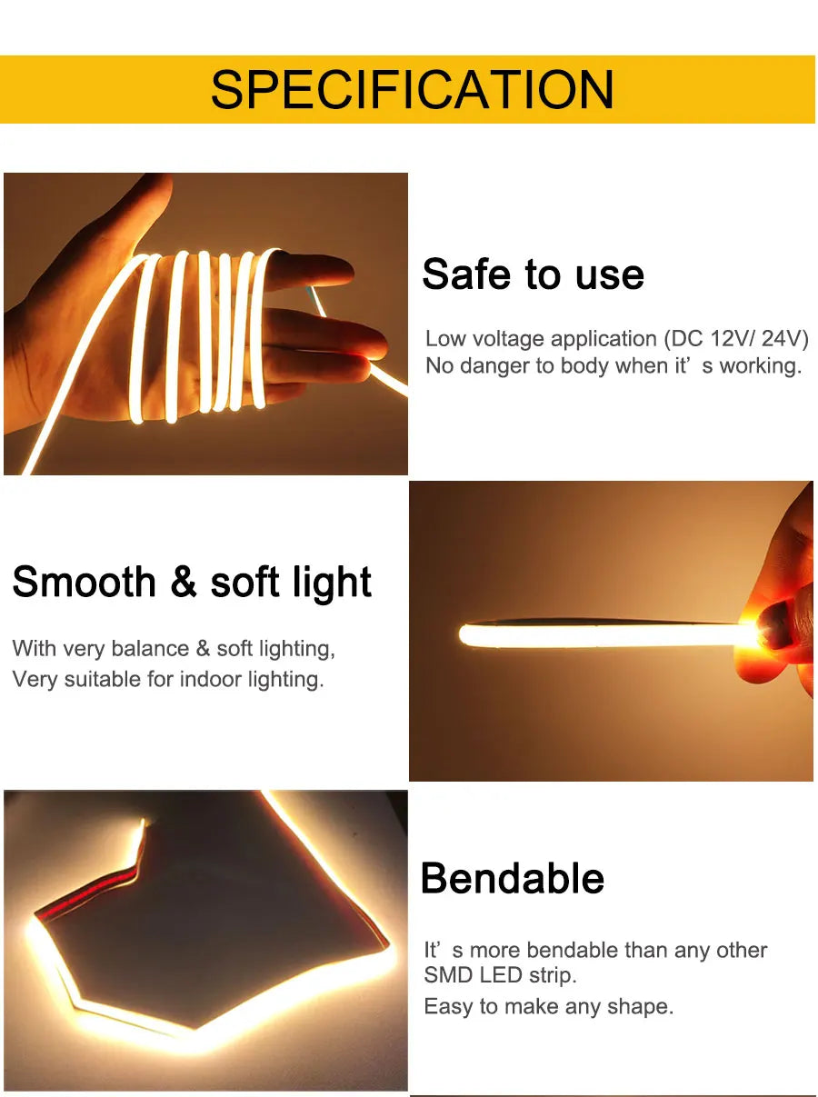 5MM Ultra Thin COB LED Strip Light 24V 12V Warm Natural Cold White Red Blue Green Amber Yellow Color RA90 Flexible LED Tape