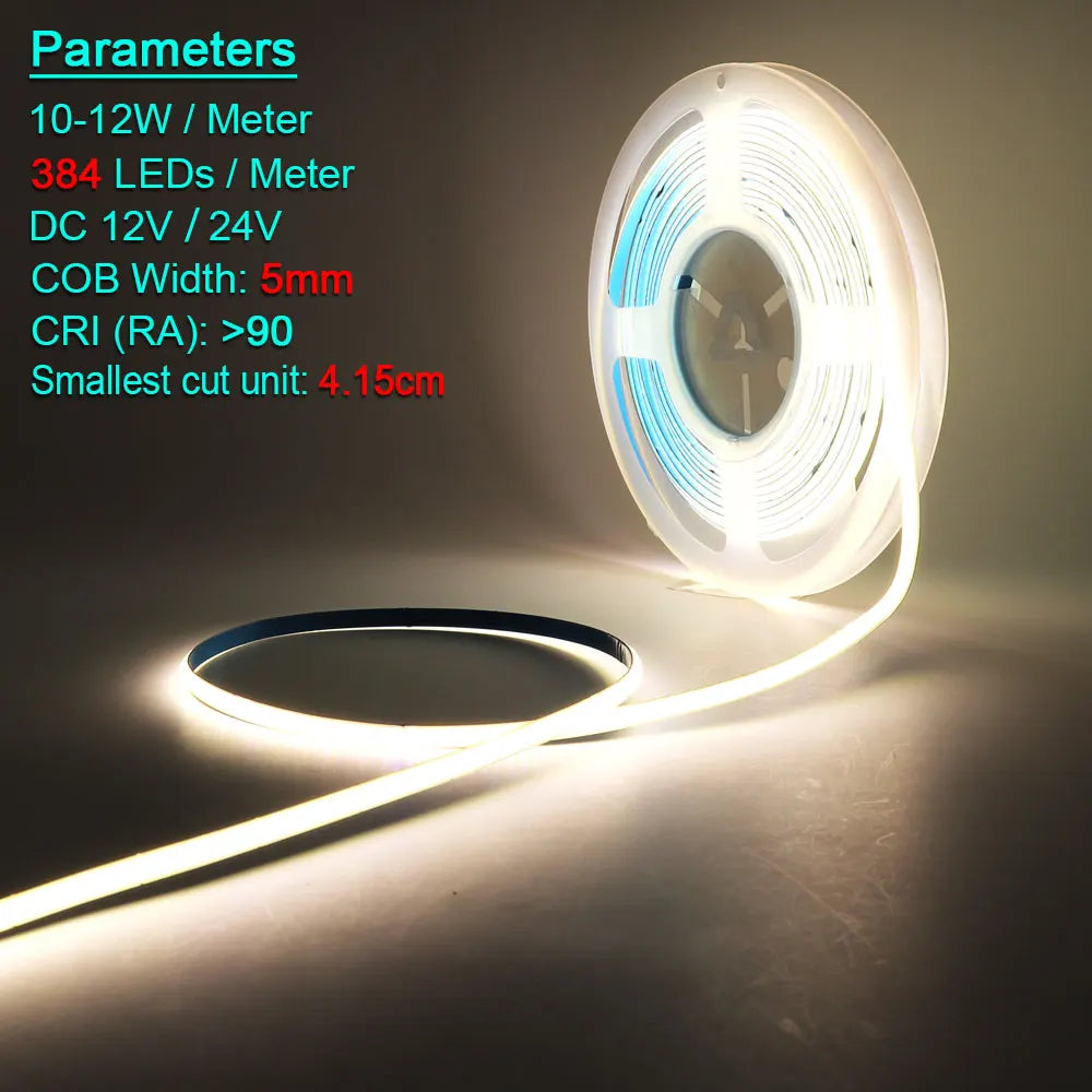 5MM Ultra Thin COB LED Strip Light 24V 12V Warm Natural Cold White Red Blue Green Amber Yellow Color RA90 Flexible LED Tape