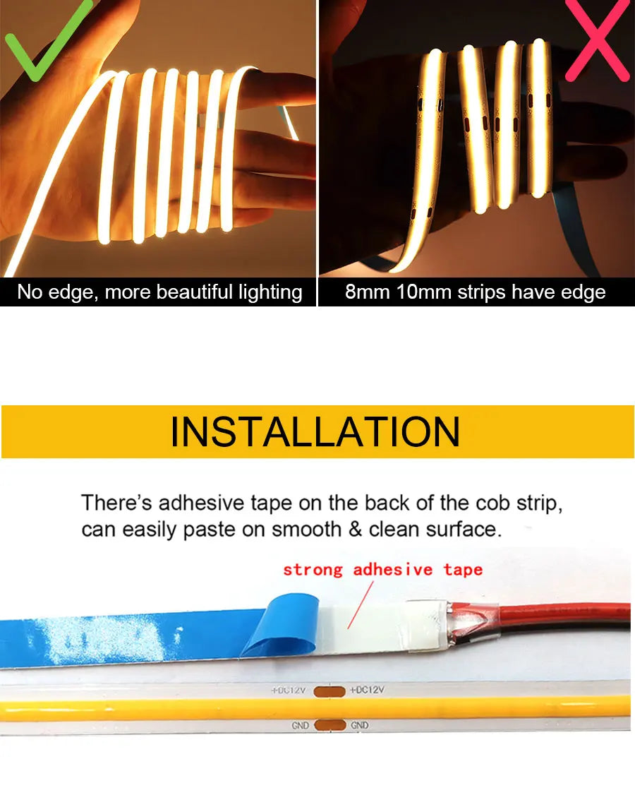 5MM Ultra Thin COB LED Strip Light 24V 12V Warm Natural Cold White Red Blue Green Amber Yellow Color RA90 Flexible LED Tape