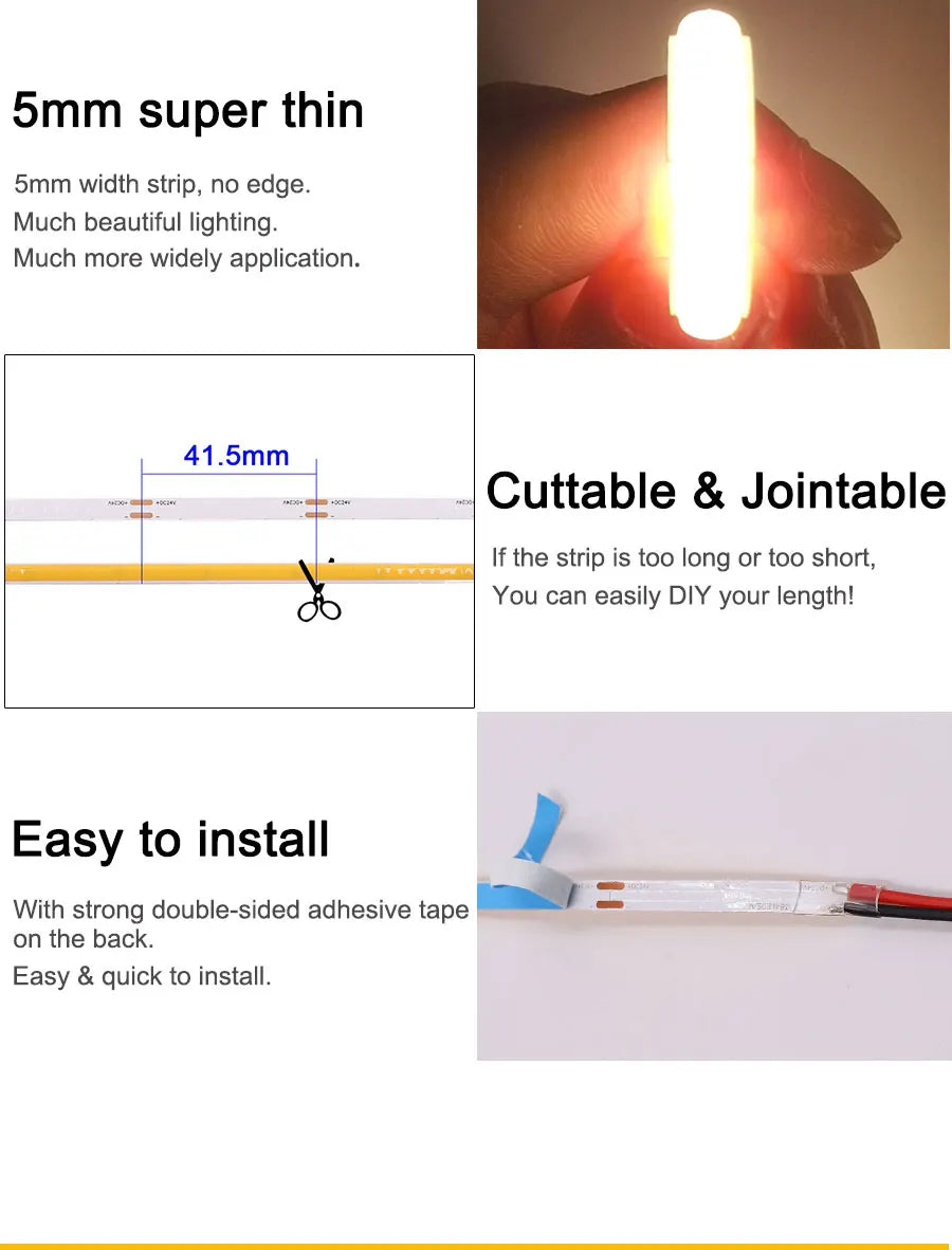 5MM Ultra Thin COB LED Strip Light 24V 12V Warm Natural Cold White Red Blue Green Amber Yellow Color RA90 Flexible LED Tape