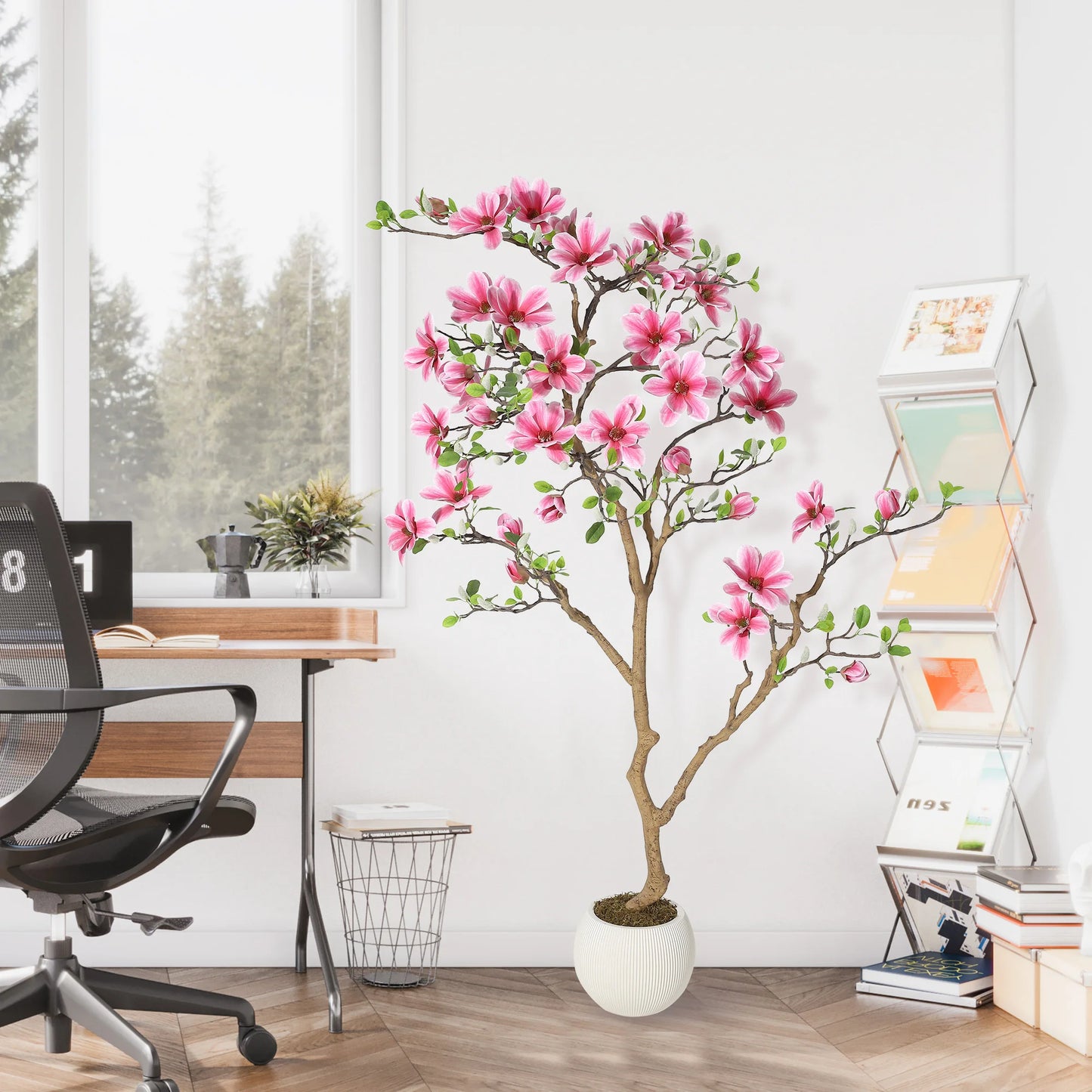 Lifelike Pink Magnolia Artificial Tree for Home Decor – Realistic Tall Silk Faux Plant Flower in Pot for Living Room Entryway
