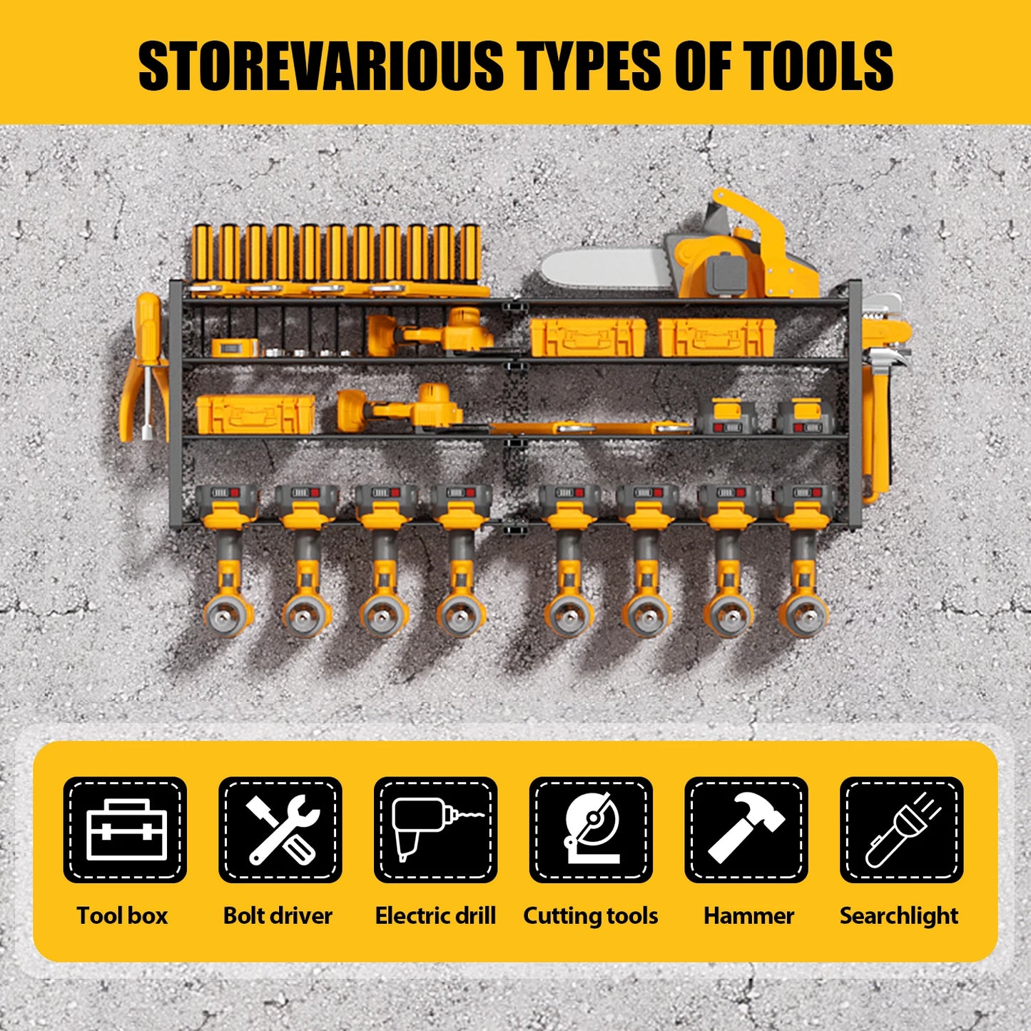 Power Tool Storage Rack 4 Layers Organizer-8 Tool Floating Shelf Wall Mount Heavy Duty Iron Drill Holder for Basement Workbench