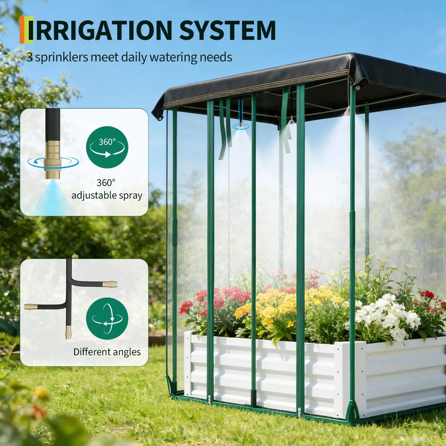 3-in-1 Raised Garden Bed 48"x36"x12" Galvanized Metal Planter Box Drip Irrigation Insect Net Shade Cloth Outdoor Vegetables