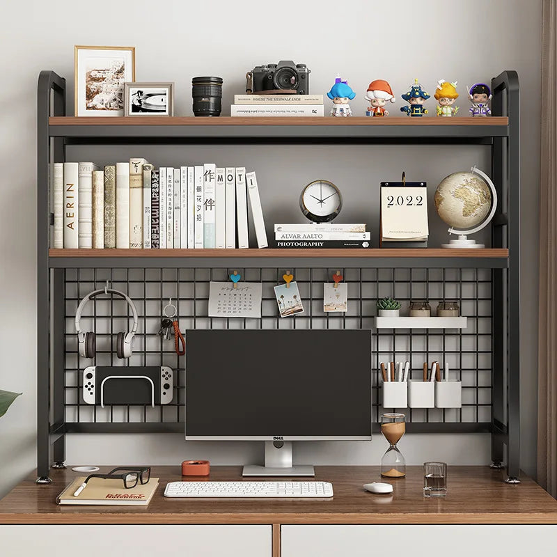 Bookshelf with Grid Desk Storage Shelf Desktop Multilayer Iron Shelf Student Computer Desk Cavity Plate Bookcase Table Rack