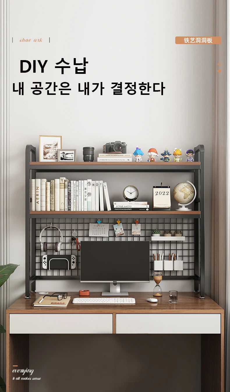 Bookshelf with Grid Desk Storage Shelf Desktop Multilayer Iron Shelf Student Computer Desk Cavity Plate Bookcase Table Rack