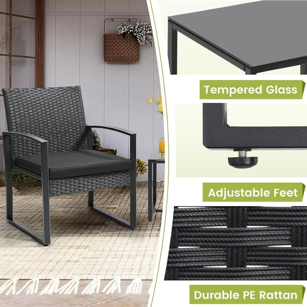 3 Piece Wicker Patio Bistro Set with Coffee Table Rattan Conversation Furniture for Balcony Garden Poolside Porch Yard Black
