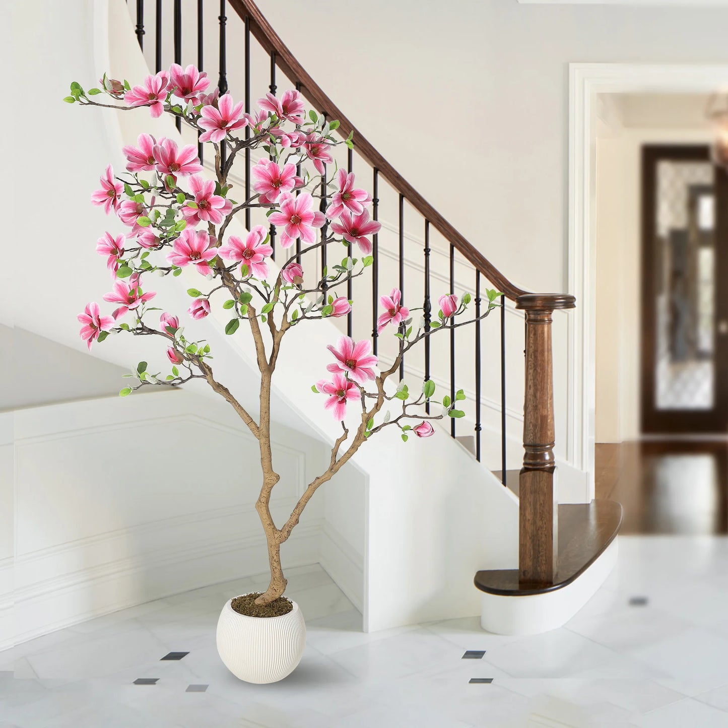 Lifelike Pink Magnolia Artificial Tree for Home Decor – Realistic Tall Silk Faux Plant Flower in Pot for Living Room Entryway