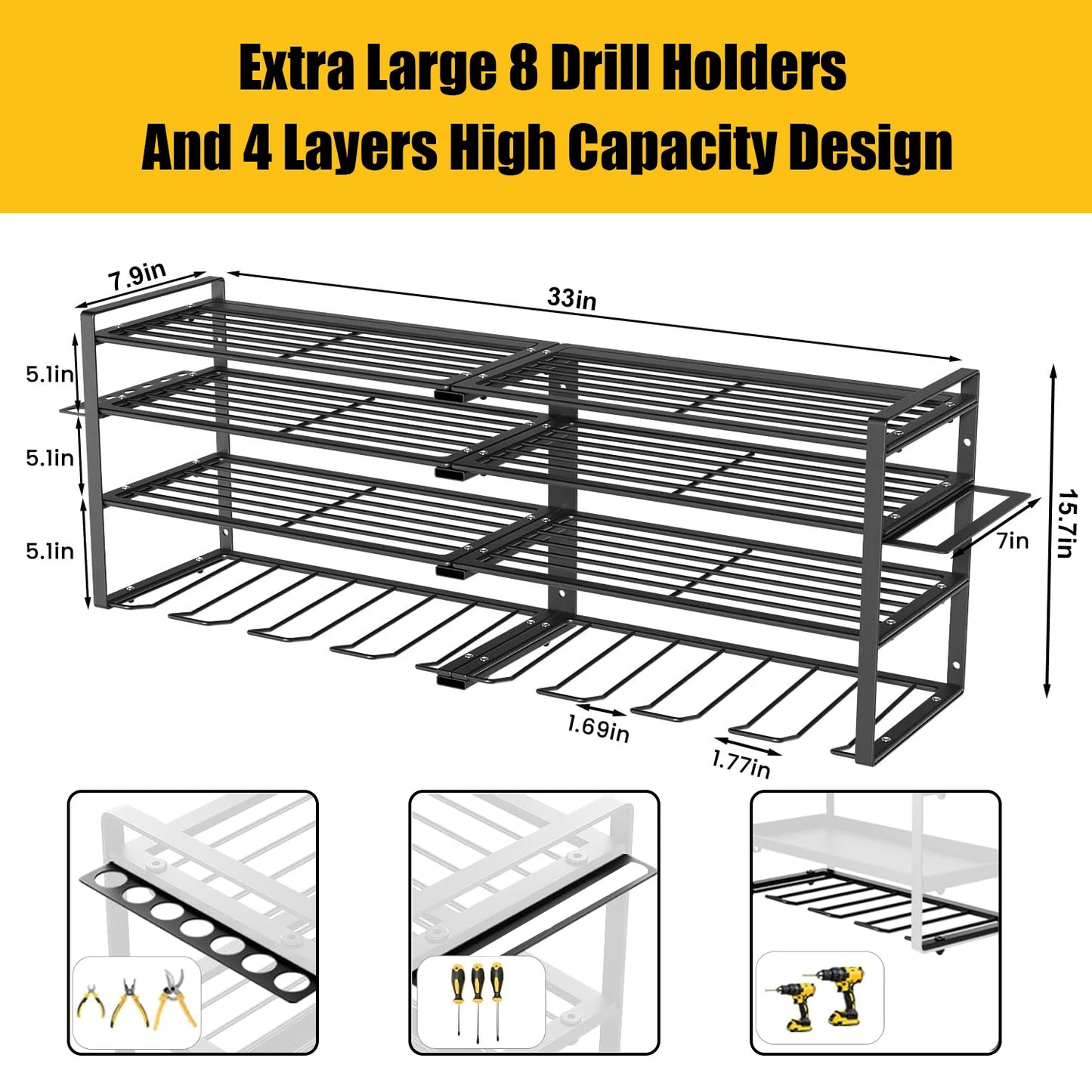 Power Tool Storage Rack 4 Layers Organizer-8 Tool Floating Shelf Wall Mount Heavy Duty Iron Drill Holder for Basement Workbench