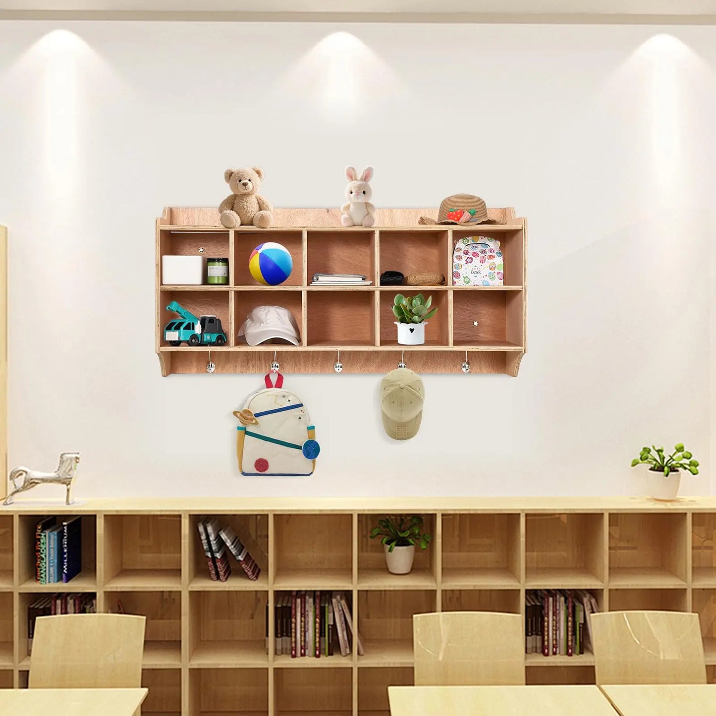 Wall Mount Kids Cubby Storage Organizer With 10 Cubbies, 5 Hooks And Top Shelf, Daycare Classroom Coat Locker For Toys Books Bags