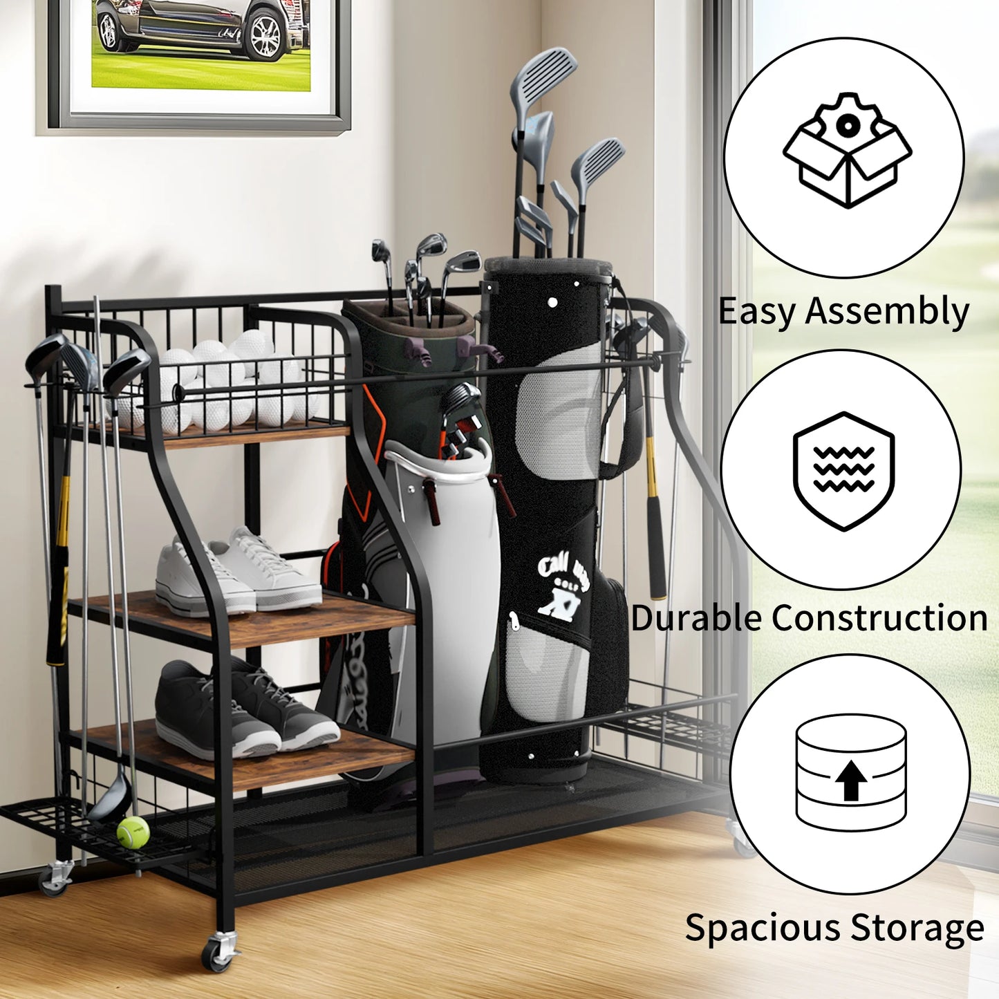 Multifunctional Rolling Golf Bags Storage Shelf Metal Sports Equipment Organizer Rack with Wheels