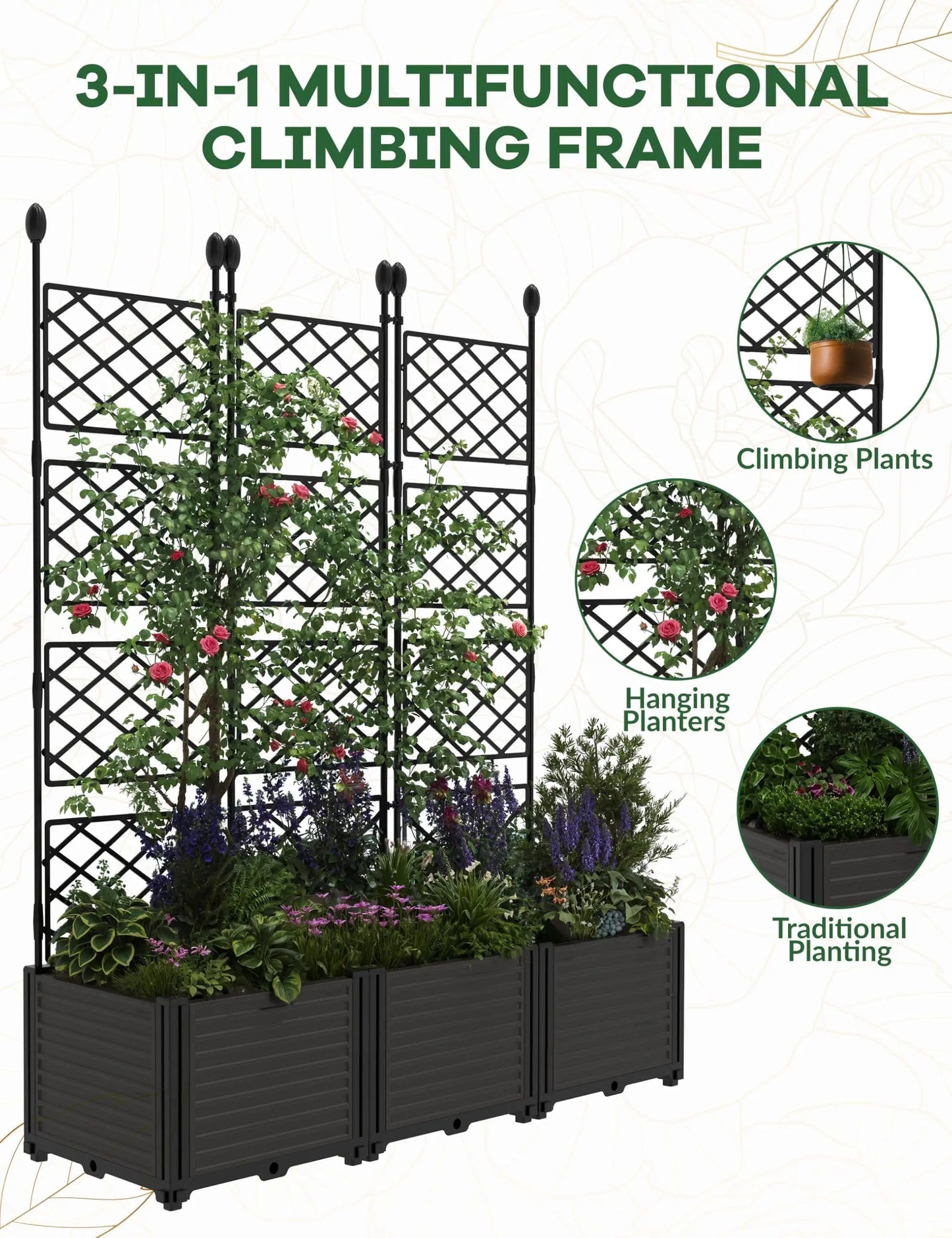 Planter Box With Trellis, 50x63In Raised Garden Bed For Climbing Plants Vines, Outdoor Planter For Vegetables Flowers Patio