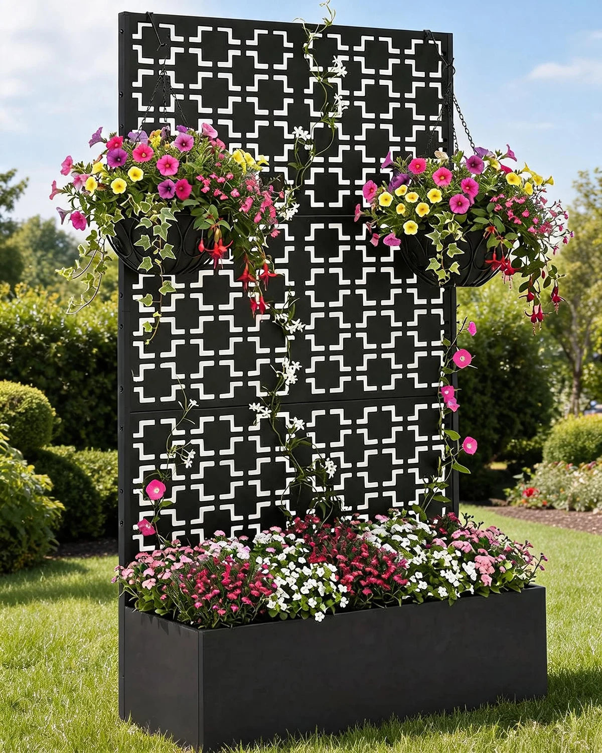 71'' Metal Raised Planter Box With Trellis, Outdoor Garden Bed With Privacy Screen, Drainage Holes For Climbing Plants Vegetables