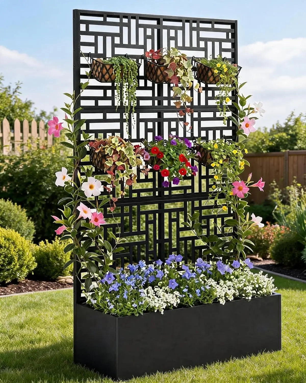 71'' Metal Raised Planter Box With Trellis, Outdoor Garden Bed With Privacy Screen, Drainage Holes For Climbing Plants Vegetables