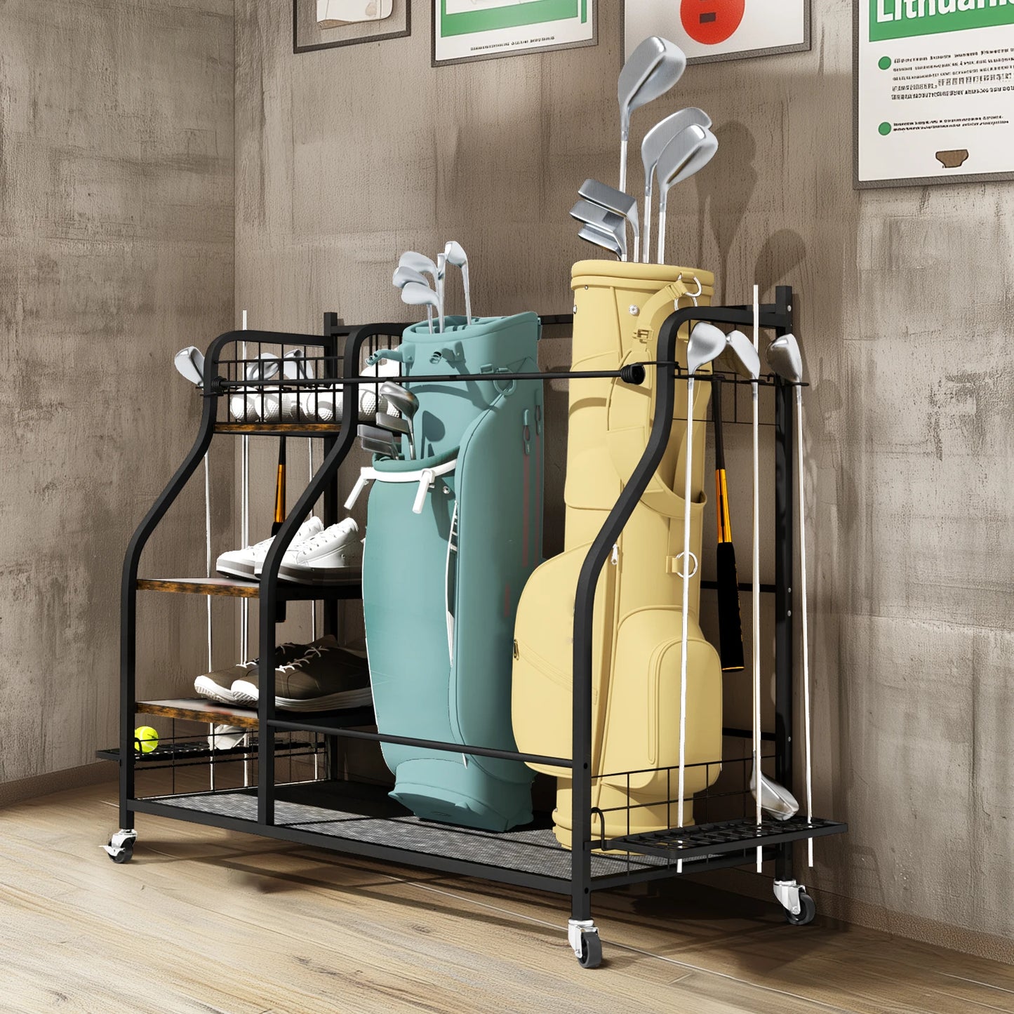 Multifunctional Rolling Golf Bags Storage Shelf Metal Sports Equipment Organizer Rack with Wheels