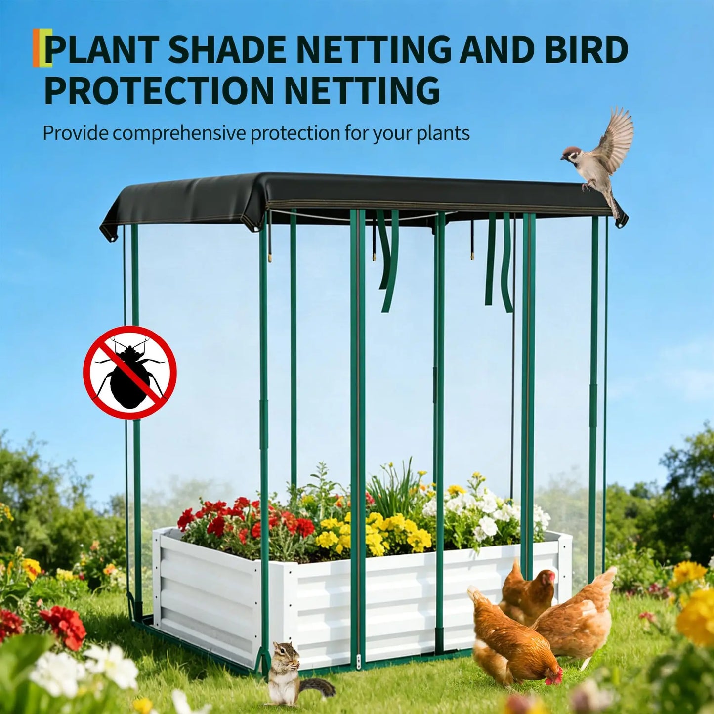 3-in-1 Raised Garden Bed 48"x36"x12" Galvanized Metal Planter Box Drip Irrigation Insect Net Shade Cloth Outdoor Vegetables