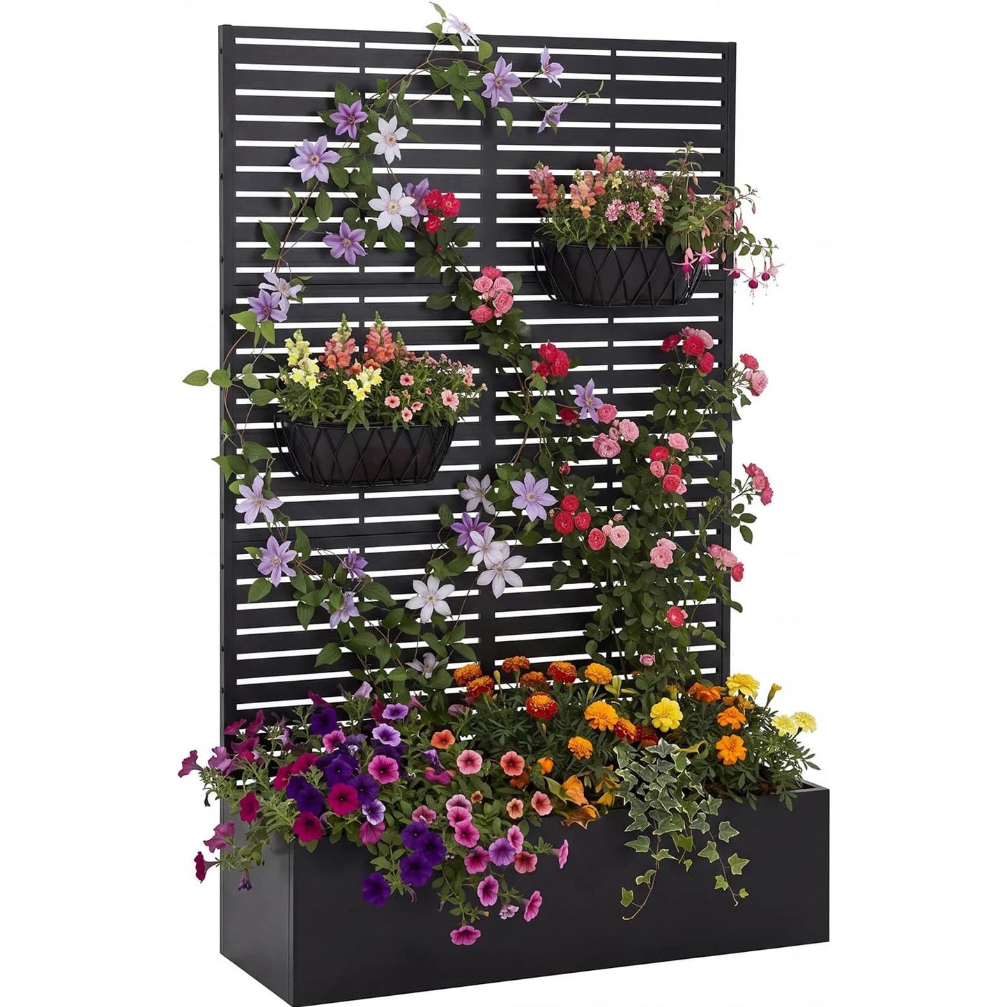 71'' Metal Raised Planter Box With Trellis, Outdoor Garden Bed With Privacy Screen, Drainage Holes For Climbing Plants Vegetables