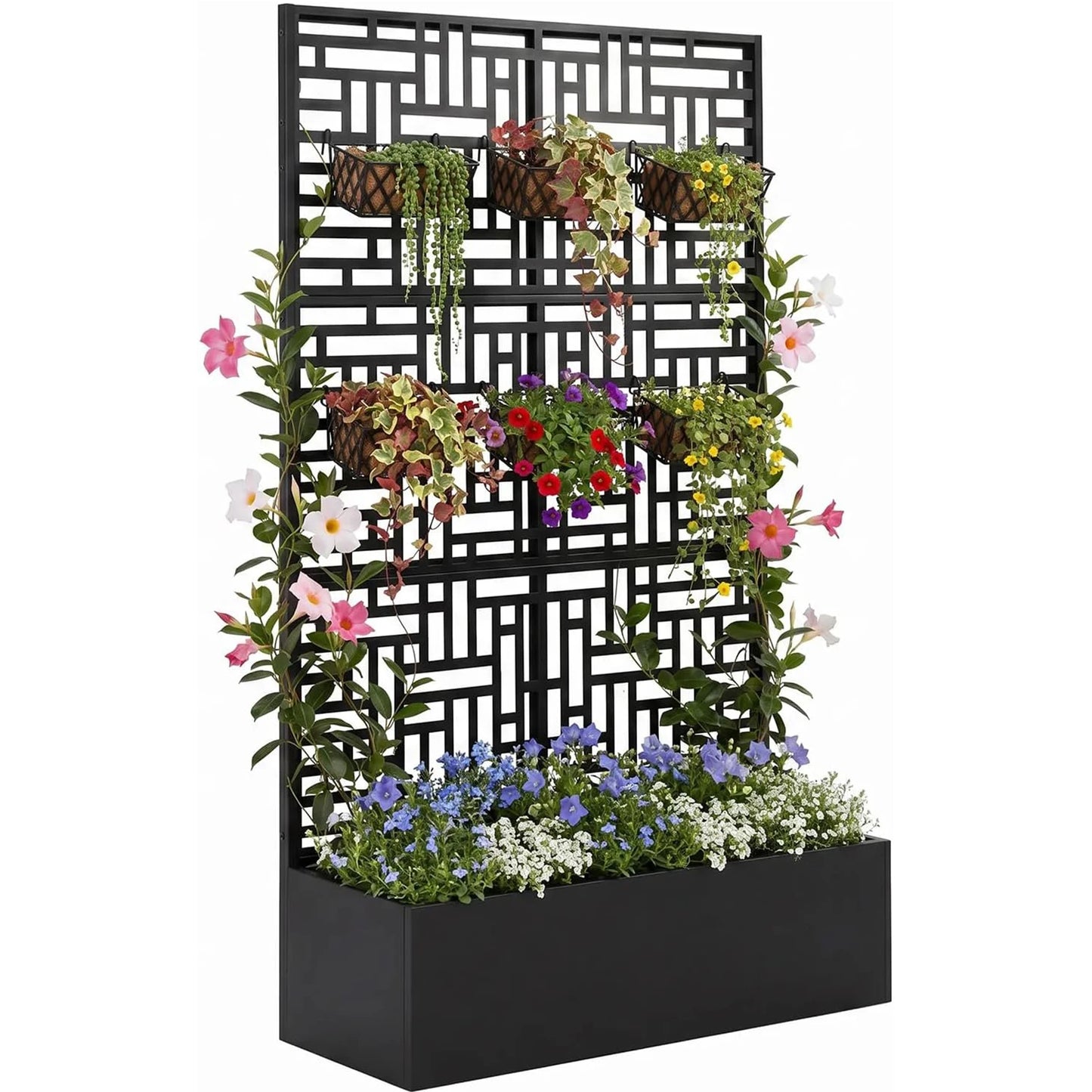 71'' Metal Raised Planter Box With Trellis, Outdoor Garden Bed With Privacy Screen, Drainage Holes For Climbing Plants Vegetables