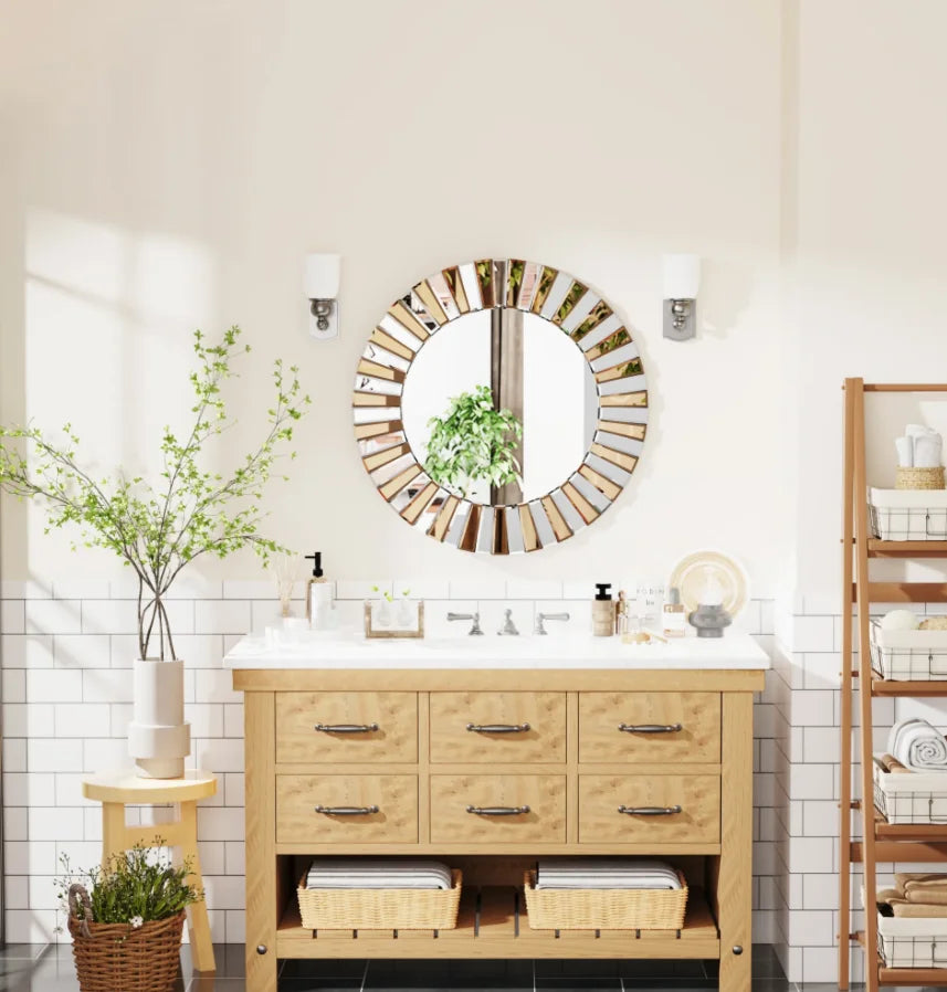 60/80CM Round Starburst Decorative Wall Mirror Gorgeous Tawny Accent Mirror for Bathroom Bedroom Living Room Dining Room